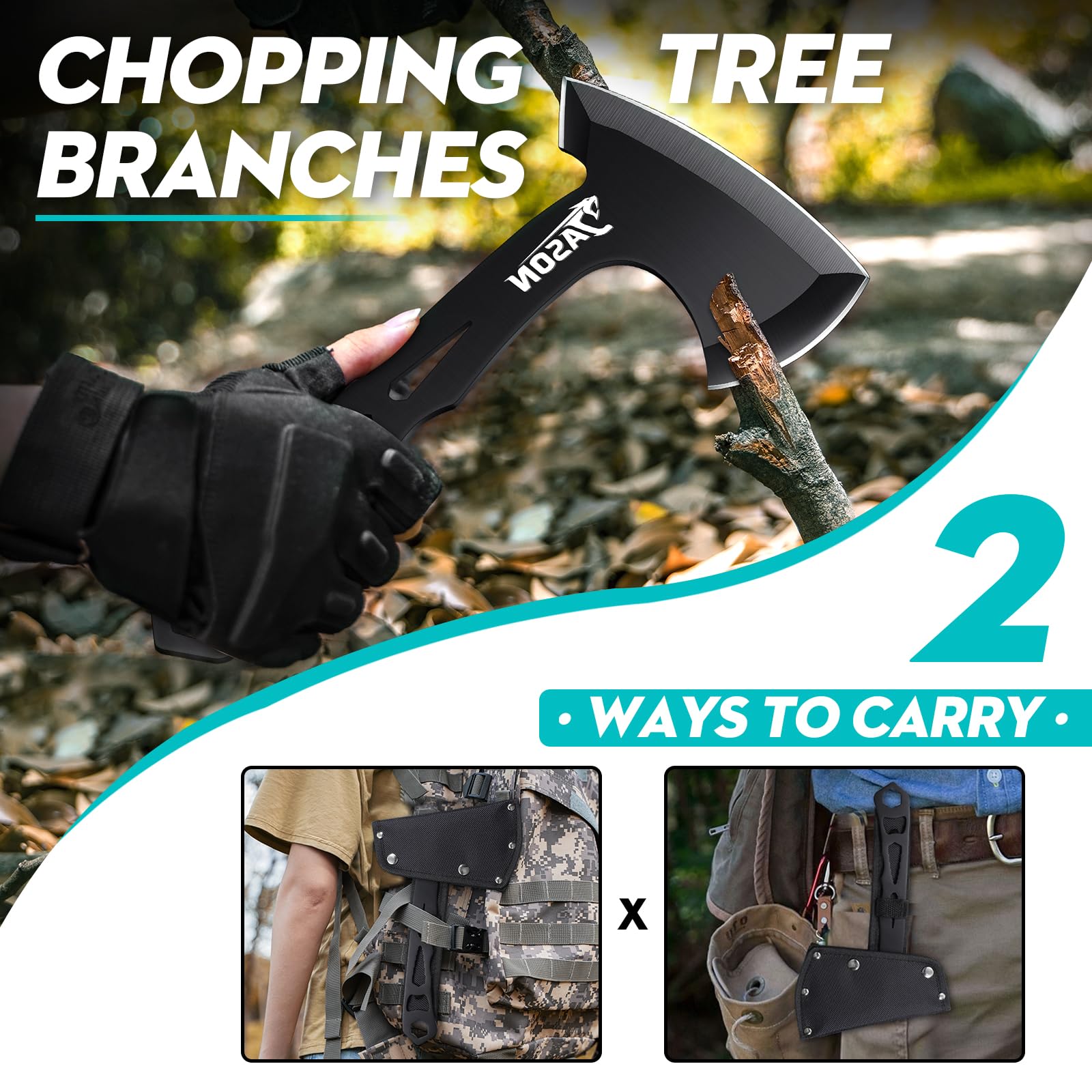 JASON Set di 3 ascia da campeggio Full Tang Survival Bushcraft con divorzio in nylon, piccoli regali per uomini