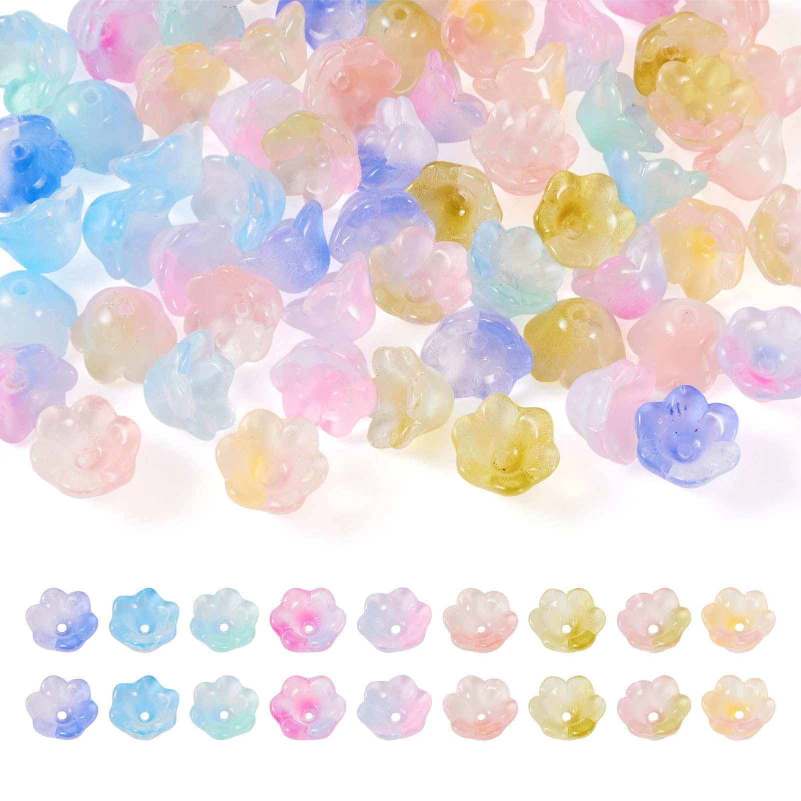 FASHEWELRY 72Pcs Gradient Flower Lampwork Beads 6-Petal Bellflower Glass Spacer Beads Caps End Spacers for DIY Earrings Bracelets Necklace Jewelry Making