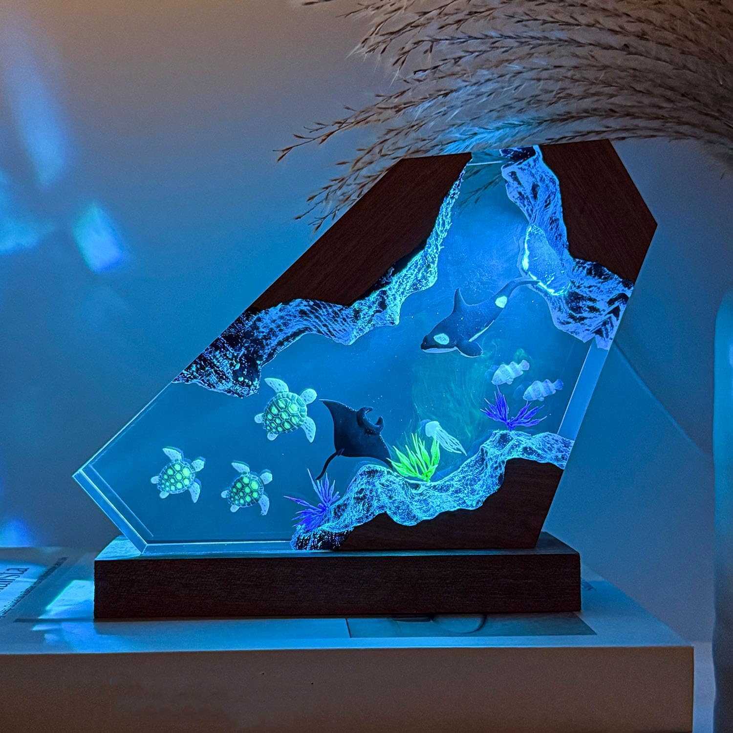 Lampa z żywicy oceanicznej Orca, ręcznie wykonana drewniana lampka stołowa, lampka nocna, port USB, ornamenty do dekoracji domu, biura, prezenty na urodziny, wyjątkowy prezent na Święto Dziękczynienia