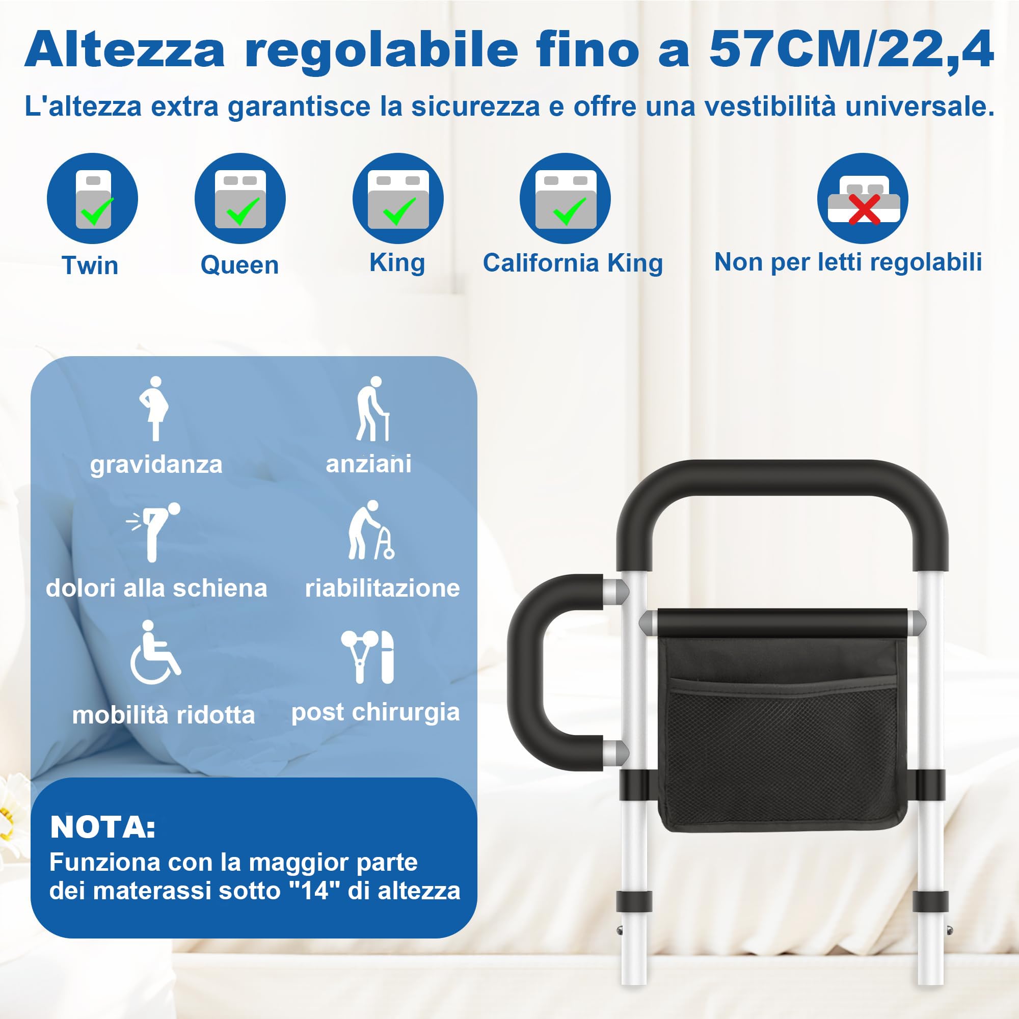 Sponda Letto Anziani con Braccioli Rimovibili–Sponde Letto Anziani con Cinghie di Fissaggio,Borsa Portaoggetti,Adatto a Letti King/Queen/Full/Twin,Supporto Medio fino 160 kg