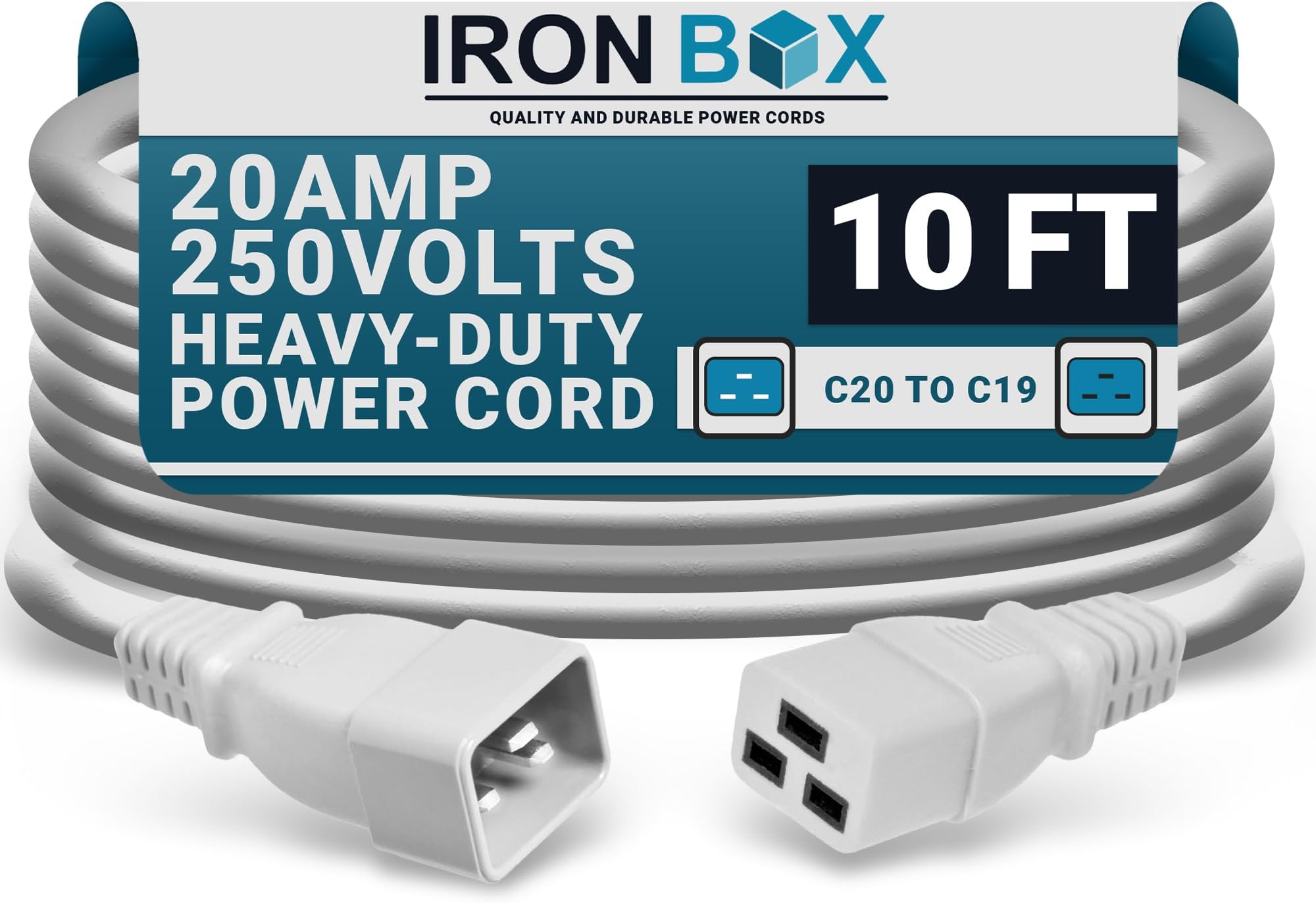 IronBox Electric - Heavy-Duty C20 to C19 Power Cord - 20A/250V Rated, 12/3 SJT IEC 60320 Equipment to PDU Cable - Male End C20 Plug/Female End C19 Connector - UL Listed Power Cable -(White,10 Foot)