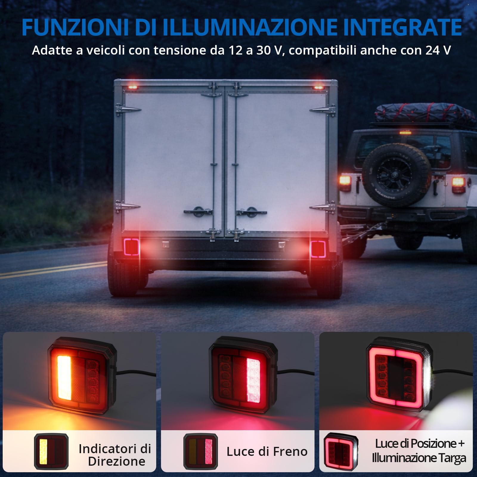 Kit di 2 Fanali Posteriori a LED per Rimorchio Impermeabili IP65, Luci Posteriori per Rimorchio e Roulotte a 12V-30V, Omologate E-Mark E9&E57, con Funzioni Freno, Direzione, Posizione e Targa
