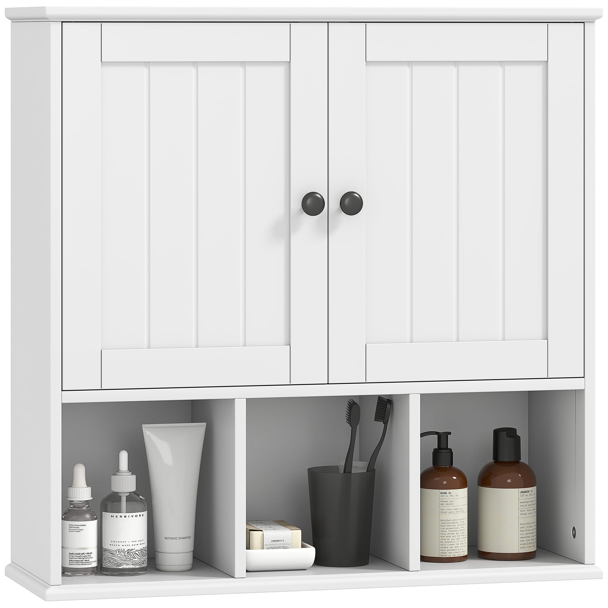 HOMCOM Bathroom Wall Cabinet, Medicine Cabinet with Open Compartments, Shelf in White | Size: W600mm x H600mm