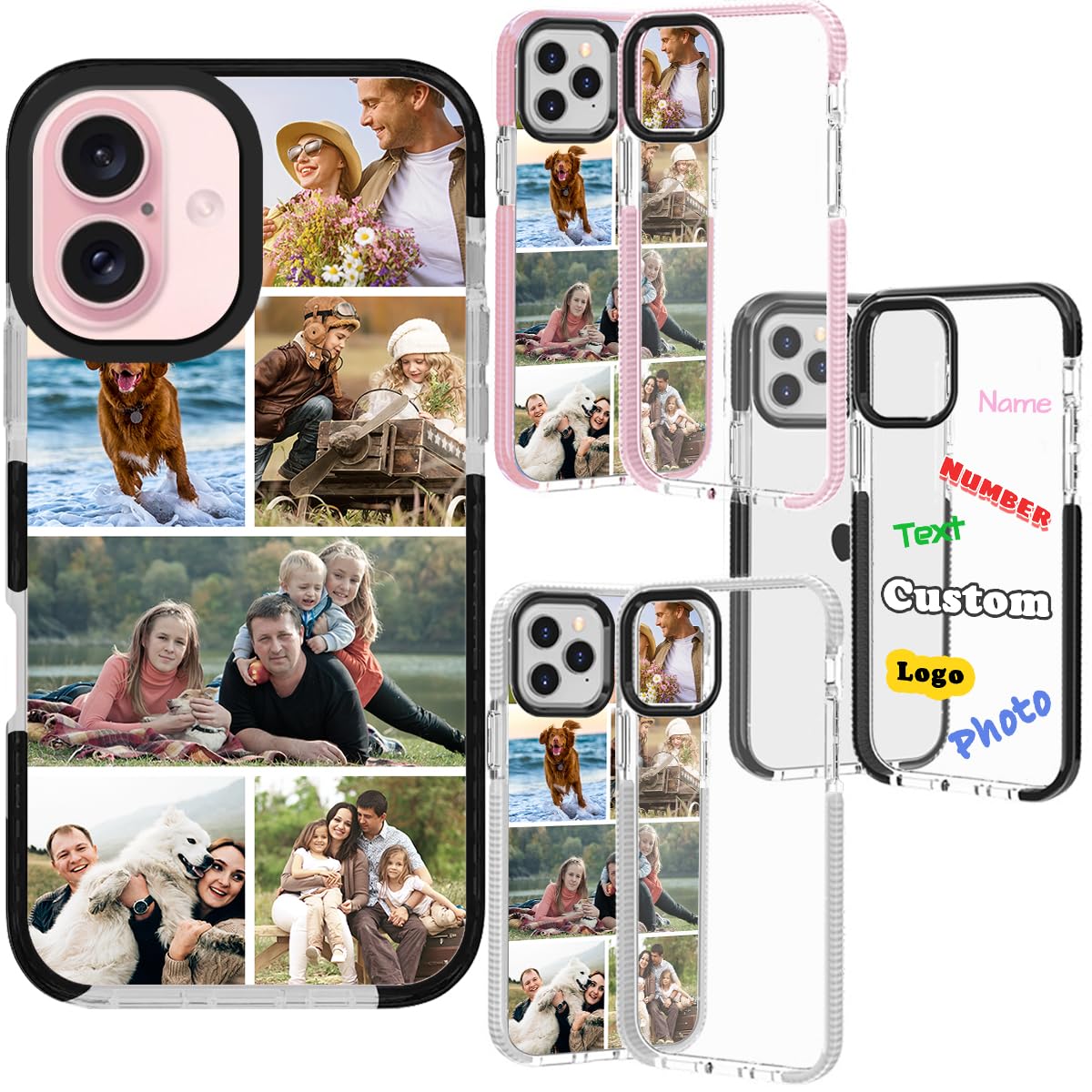 Custom Case for iPhone 16 15 14 13 12 11 10 Pro Max Plus Mini X XS XR SE 8 7 6 6s Personalized Photo Name Customized Collage Pictures Image Text Impact Shockproof Stylish Soft Cover Shell