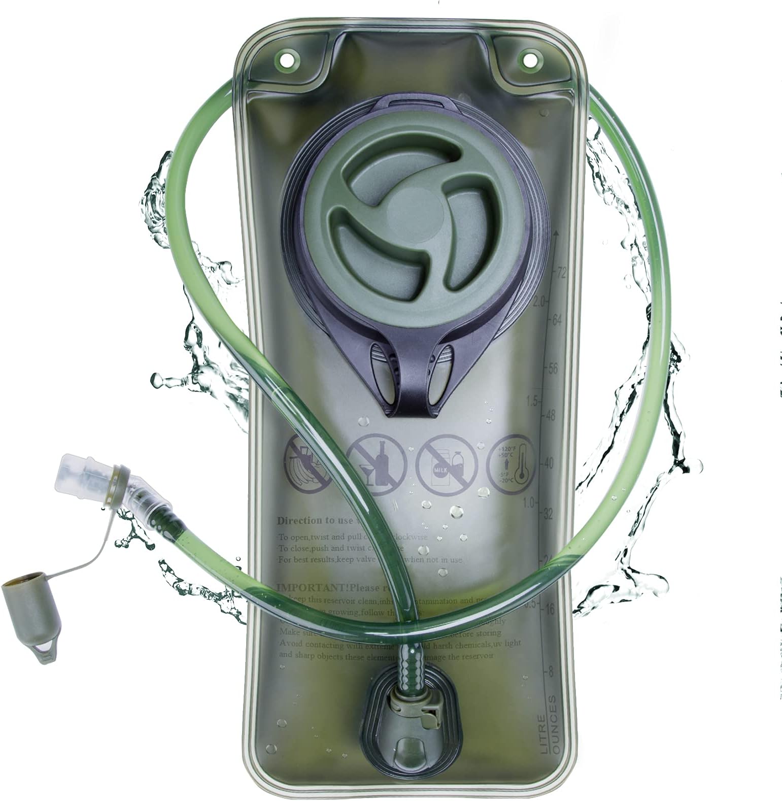 Hydration Bladder 2 Liter, Leakproof Water Bladder, BPA Free Water Reservoir, PEVA Military Green Water Storage Bladder Bag, Hydration Backpack Replacement for Cycling Hiking Camping Biking Running