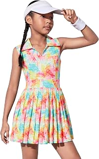 Girls Tennis Dress Sleeveless Polo V Neck Athletic Dress Cutout Back Printed Pleated Girls Golf Dresses 3-12 Y