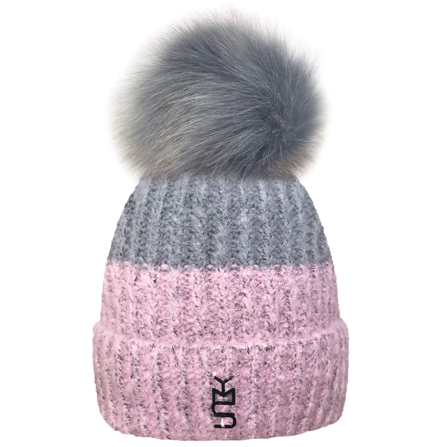 Toskatok Women's Pink Grey Toskatok® Winter Warm Cosy Two Tone Beanie Bobble Hat With Large Faux Fur Pom Pom