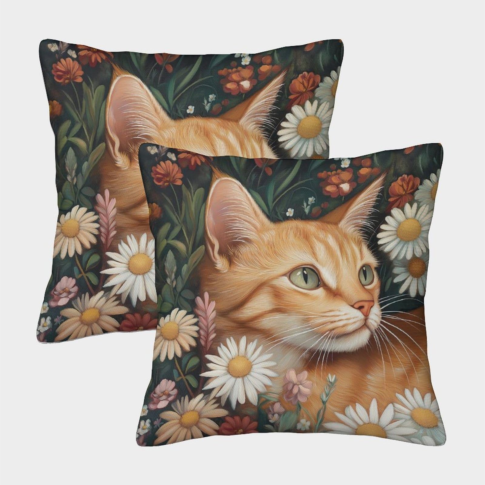 kaiyun 2 Pack Yellow Cat，Flower Pillow Case 50x50cm 3D Printing Cushion Cover,home Decoration Sofa Cushion
