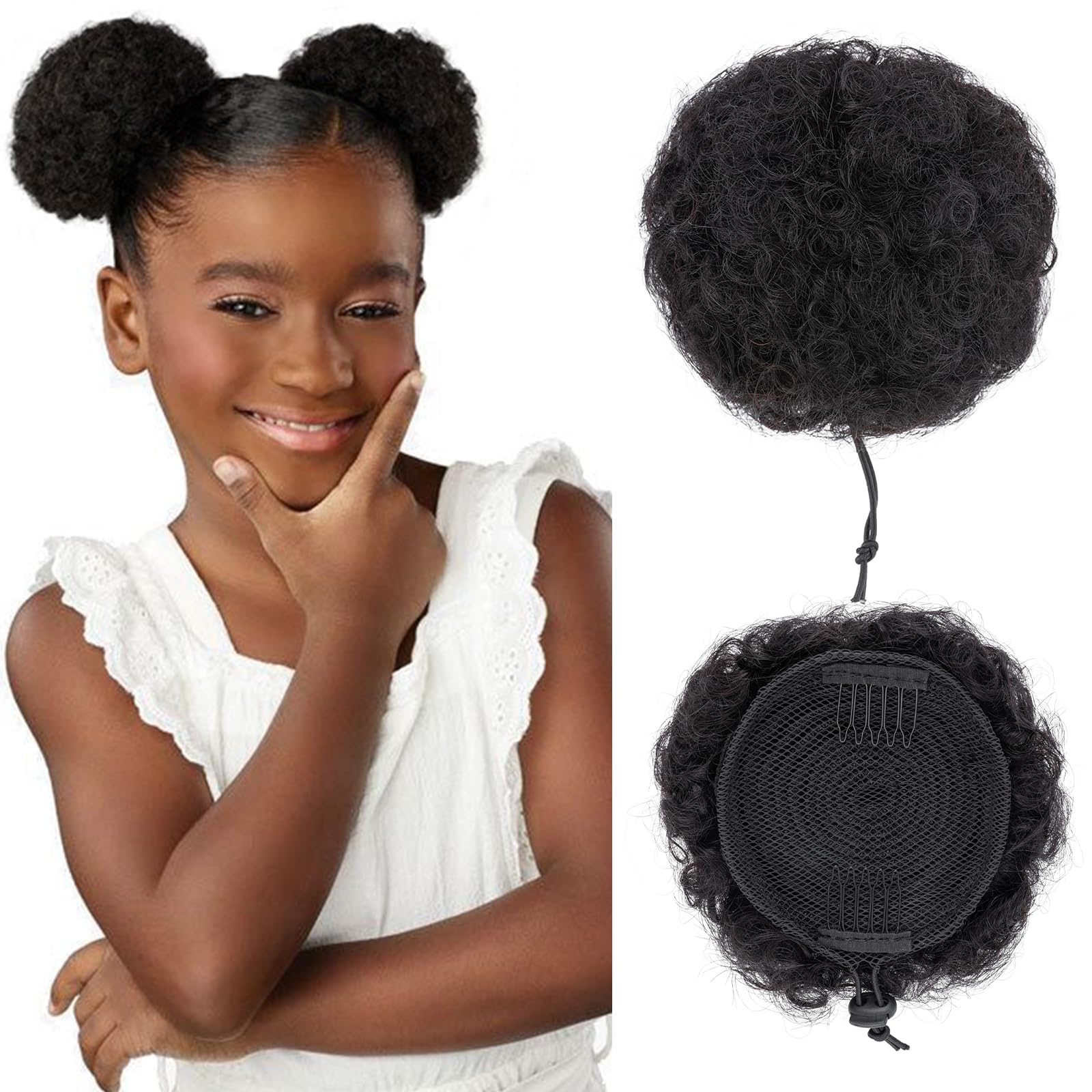 S-noilite Afro Puff Drawstring Ponytail Kinky Curly Bun Hair 1 Pieces Real Human Hair Extensions Remy Updo Hair for Black Women Girls Small (Natural Black)
