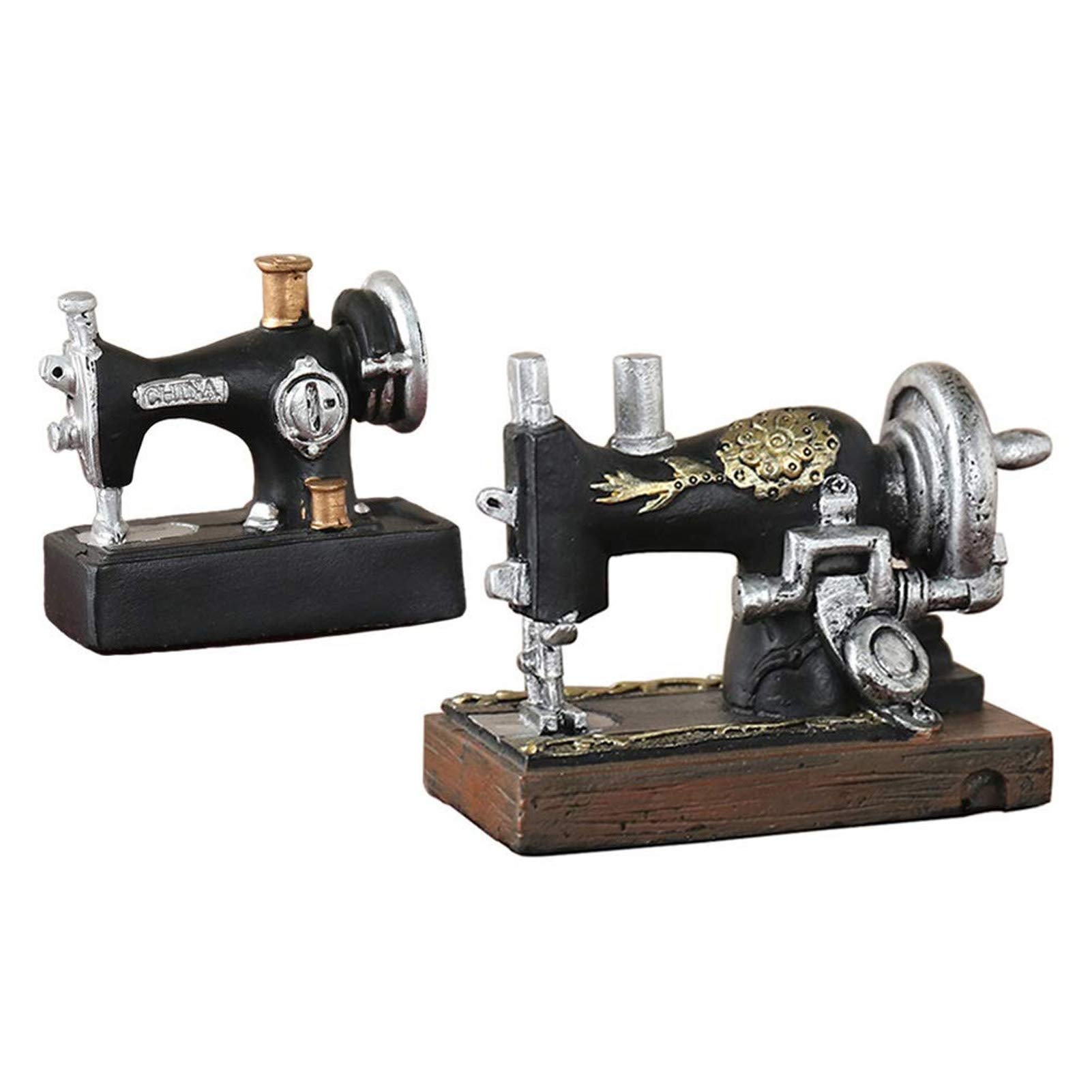 2 Pcs Retro European Resin Sewing Machine Model Miniature Figurines for DIY Crafts Ornament Accessories Home Decor Cafe Bar Window Photo Props Decoration