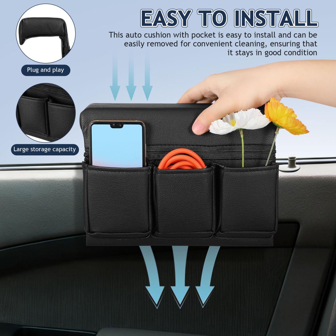NUOBESTY Accoudoir de voiture en cuir avec sac de rangement, support pour accoudoir de porte pour téléphone portable, clés, collations, noir, 24 x 18 x 11 cm