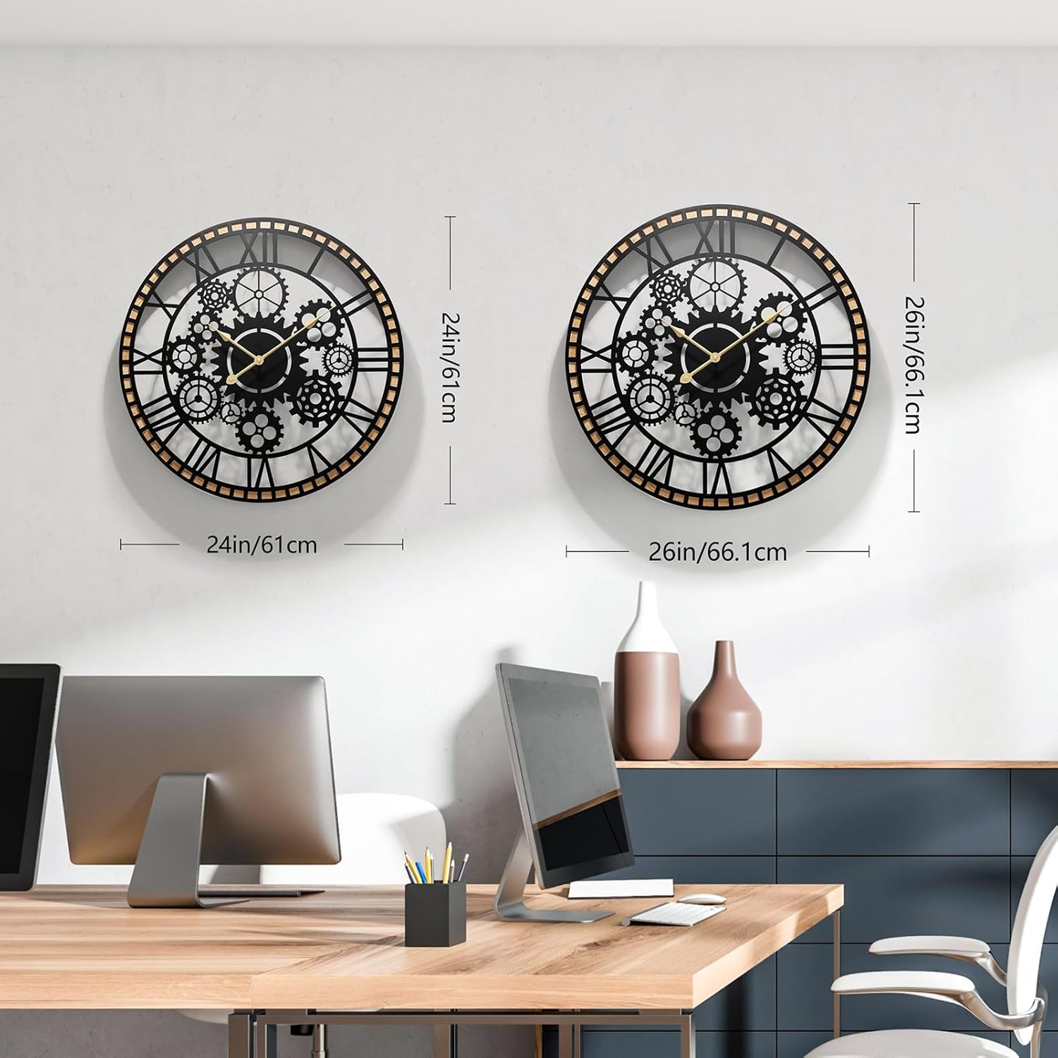 Large Farmhouse Wall Clocks for Living Room Decor，Industrial Gears Large Round Wall Clock 24 Inches or Larger with Wooden Clock for Office,Living Room,Kitchen,Dining Room Decor