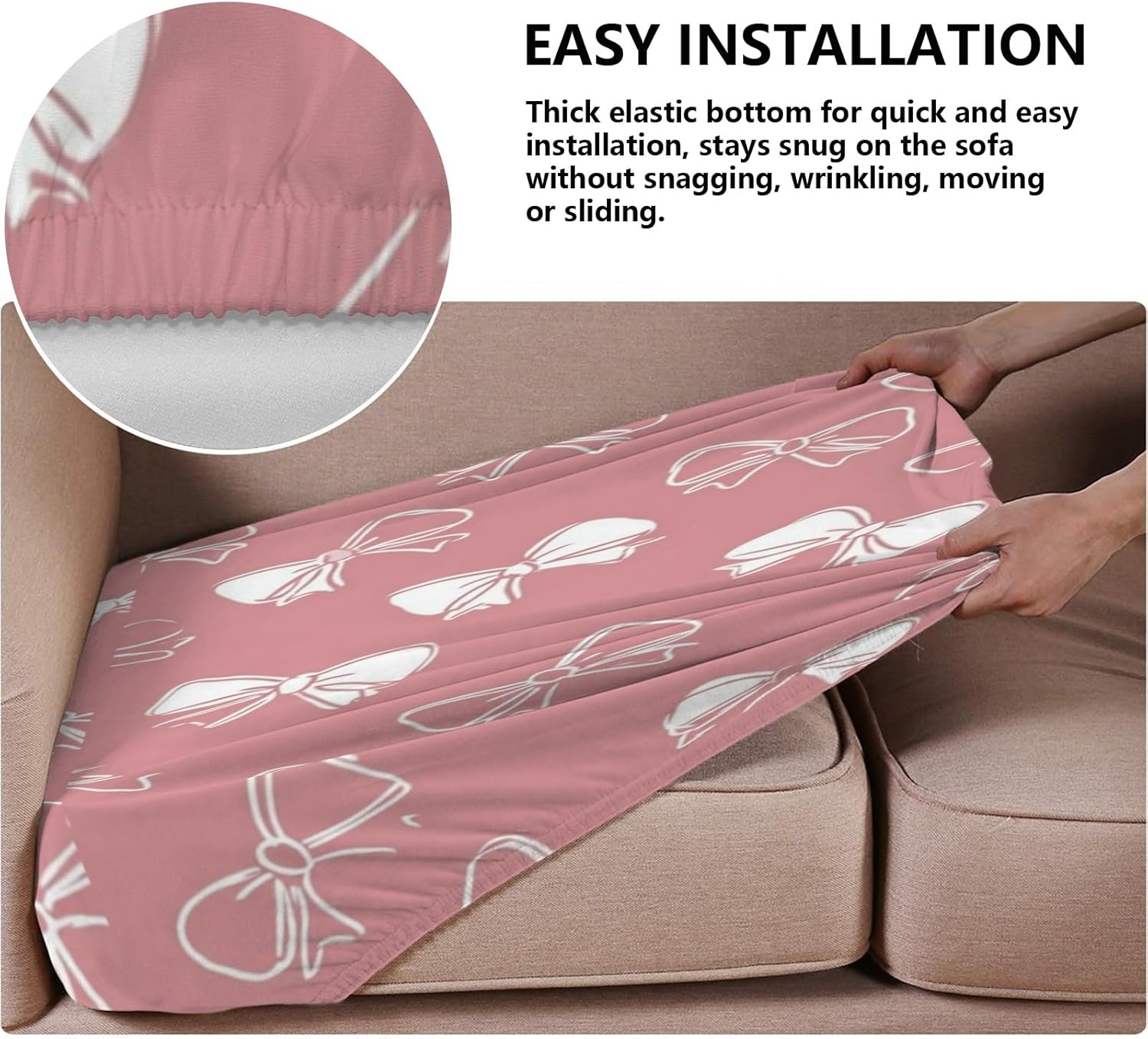 Soft Pink White Bows Loveseat Covers Couch Covers for 2 Cushion Couch, 2-Piece Stretch Sofa Slipcovers Anti-Slip Washable Furniture Protectors for Dogs Pets