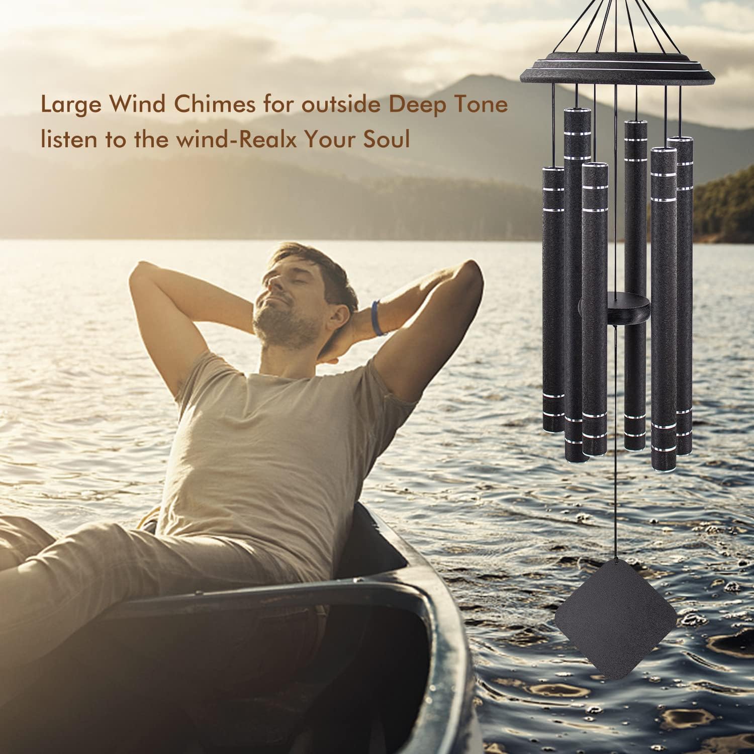 Wind Chimes for Outside Medium Tone，36 Inch Windchime Outdoors，Tuned Six Black Tubes with Silver Trims ，Unique windchimes Sympathy Gift Memorial for Mom Dad,Black Wind Chimes.
