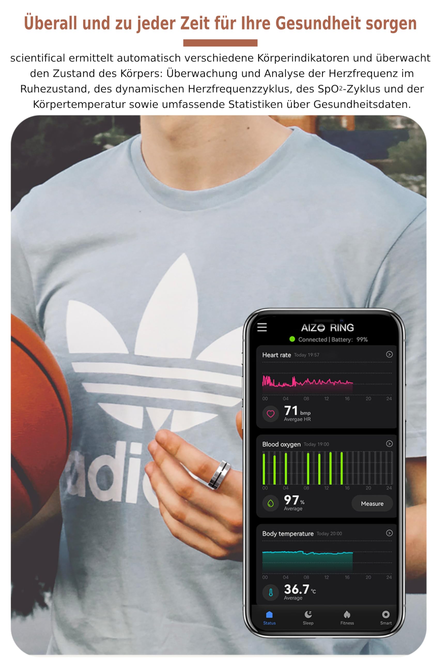 Aizo Ring - Votre Partenaire de Vie, Smart Ring Pro amélioré avec Télécommande et Rappel de Calendrier, Tracker d'activité étanche 5 ATM, Or Rose pour Femme à Usage Quotidien