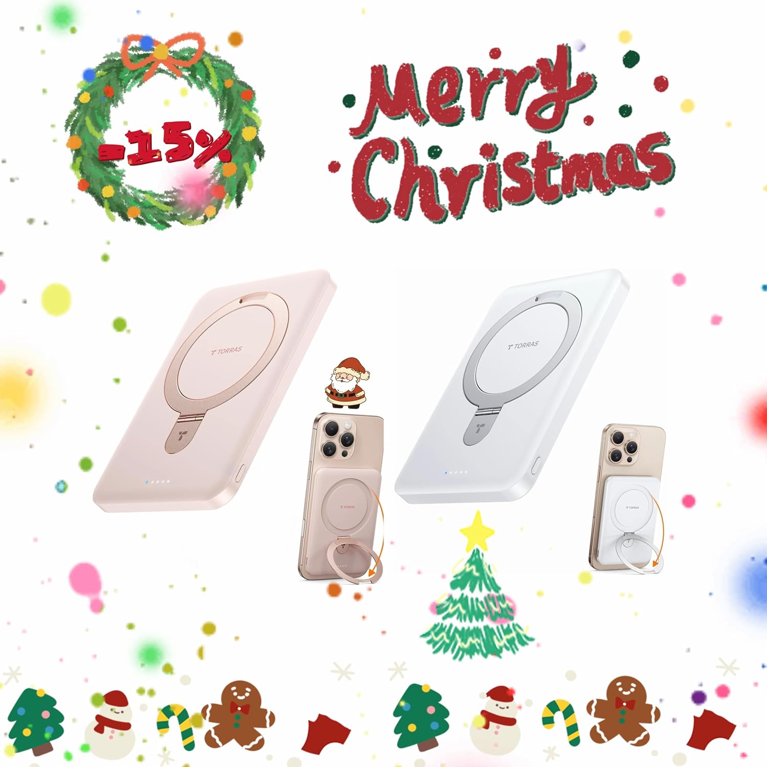 TORRAS 0.45" Slim Magnetic Portable Charger Power Bank for iPhone 5000 mAh 22.5W PD Fast Charging Wireless Battery Pack O-Stand Compatible with Magsafe Rose Gold+White