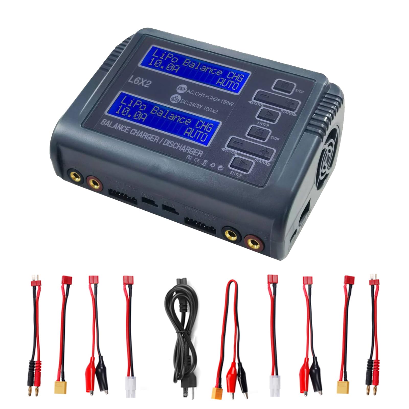 VOANZO Lipo Battery balance Charger RC Charger AC/DC input Dual Charging Ports Adjustable Charging Power Compatible with 1-6S LiPo Batteries Fit for 1/10 RC Car Drone