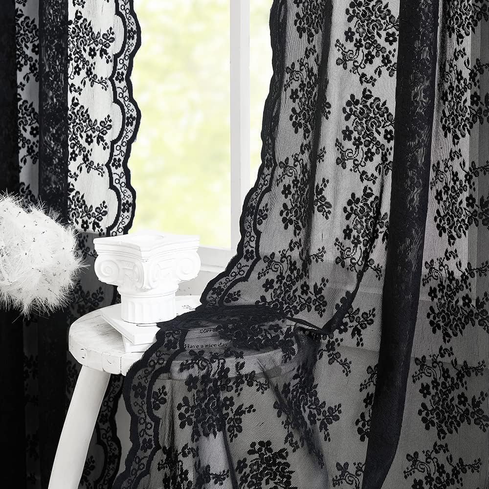 YJ YANJUN Vintage Lace Curtains 45 Inch Length-Victorian Dark Floral Pattern Black Sheer Curtain Panels for Kitchen Bedroom,Light Filtering, Gothic Witchy Halloween Short Drapes 2 Panels 52W x 45L