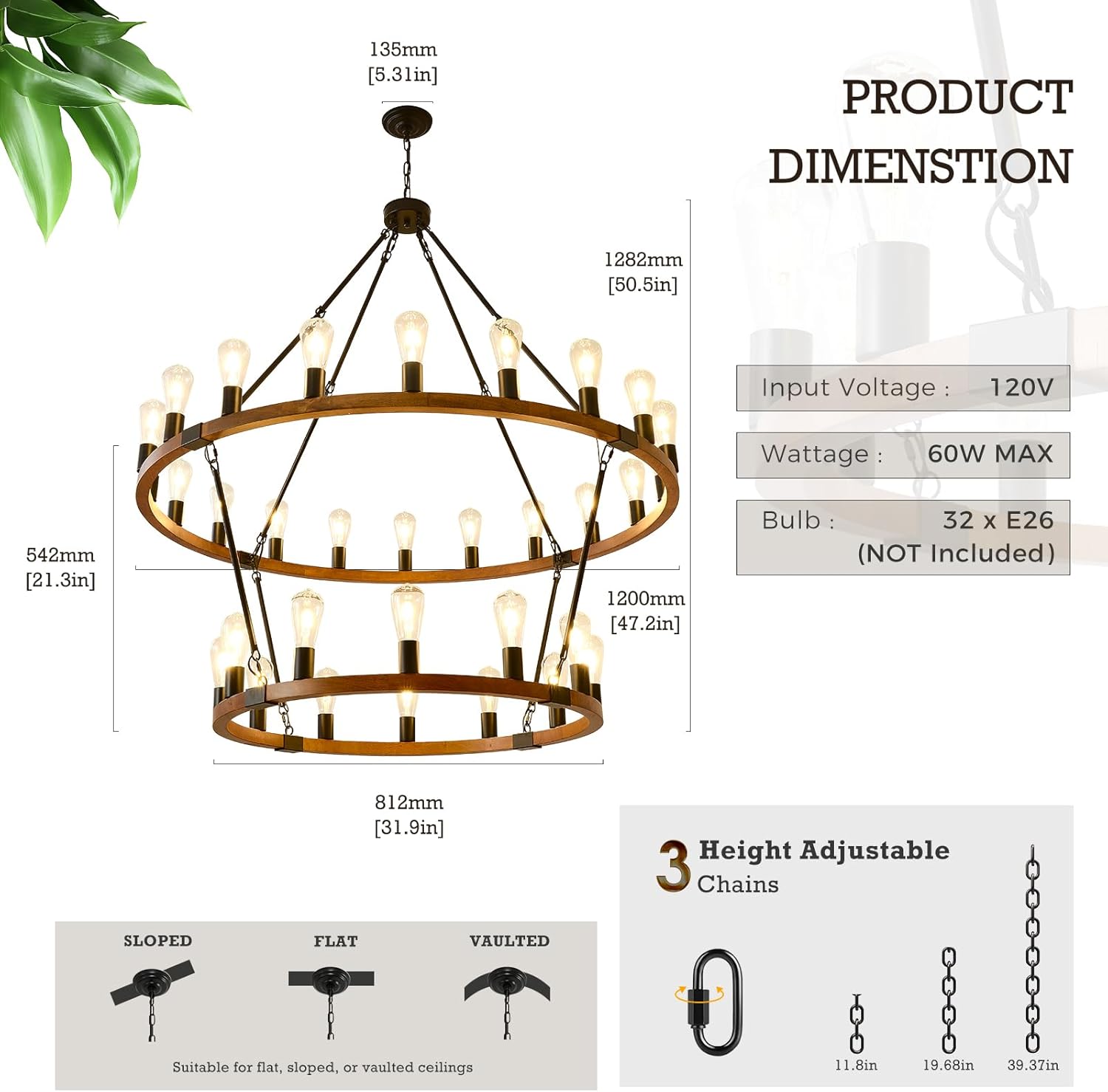 Rustic Wagon Wheel Chandeliers 2 Tier, 32 Lights Round Hanging Pendant Light Fixture, Farmhouse Wagon Wheel Chandelier for Dining Room Entryway Kitchen Island Foyer