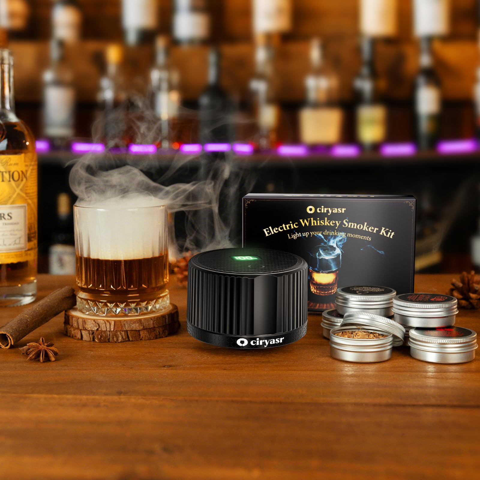 Kit de ahumador de Whisky, Kit de Ahumador de Cóctel con 6 sabores Chips de Madera, 6 Modos de luz, Recargable, Kit de ahumador de Bebidas Antiguas,Regalo para Padres, Esposos y Amantes Los Cócteles