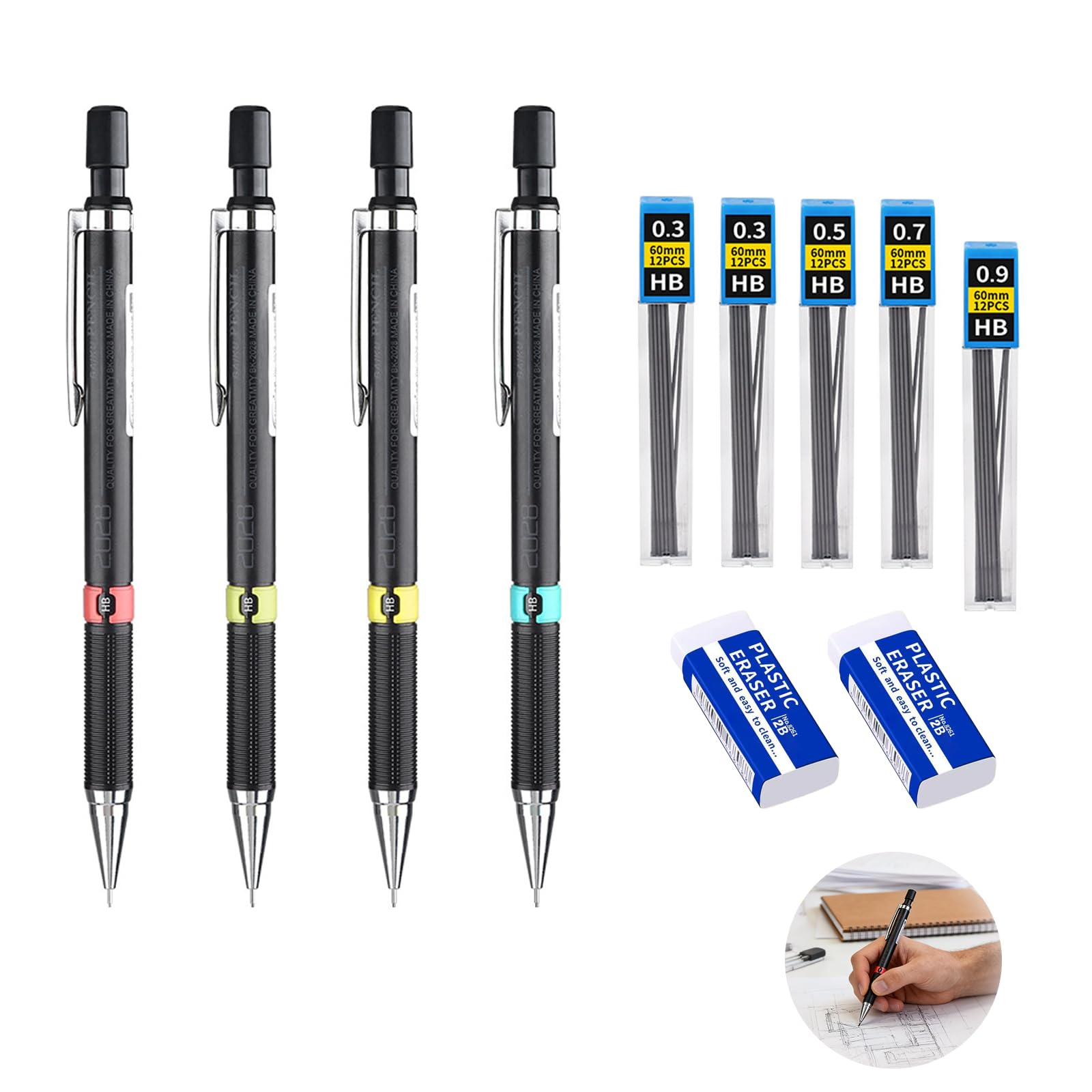 Portaminas Automático 0,3 Mm, 0,5 Mm, 0,7 Mm Y 0,9 Mm, Set De 4 Piezas Con Recambios De Plomo HB, Ideal Para Sketching, Dibujo E Ilustración, Incluye Gomas De Borrar
