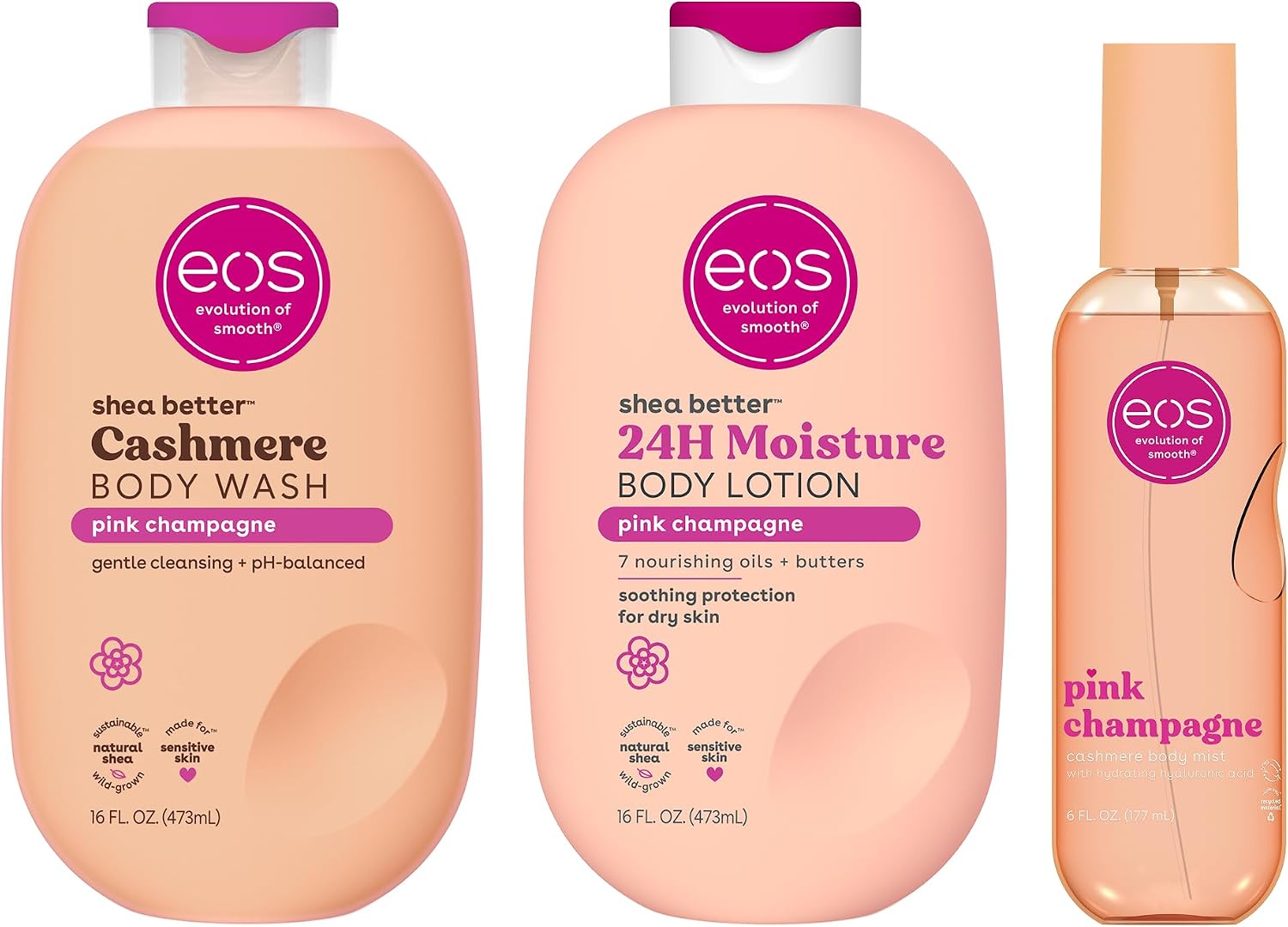 eos Essentials Bundle - Body Wash, Body Mist, Body Lotion - Pink Champagne