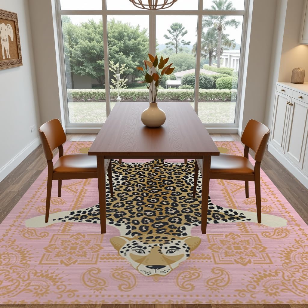 Vintage Boho Cheetah Print Area Rug 5x7 Pink Gold Floral Leopard Faux Wool Rug for Living Dining Room Bedroom Foldable Low Pile Carpet Washable Anti Slip Office Guestroom Nursery Floor Rugs Mat