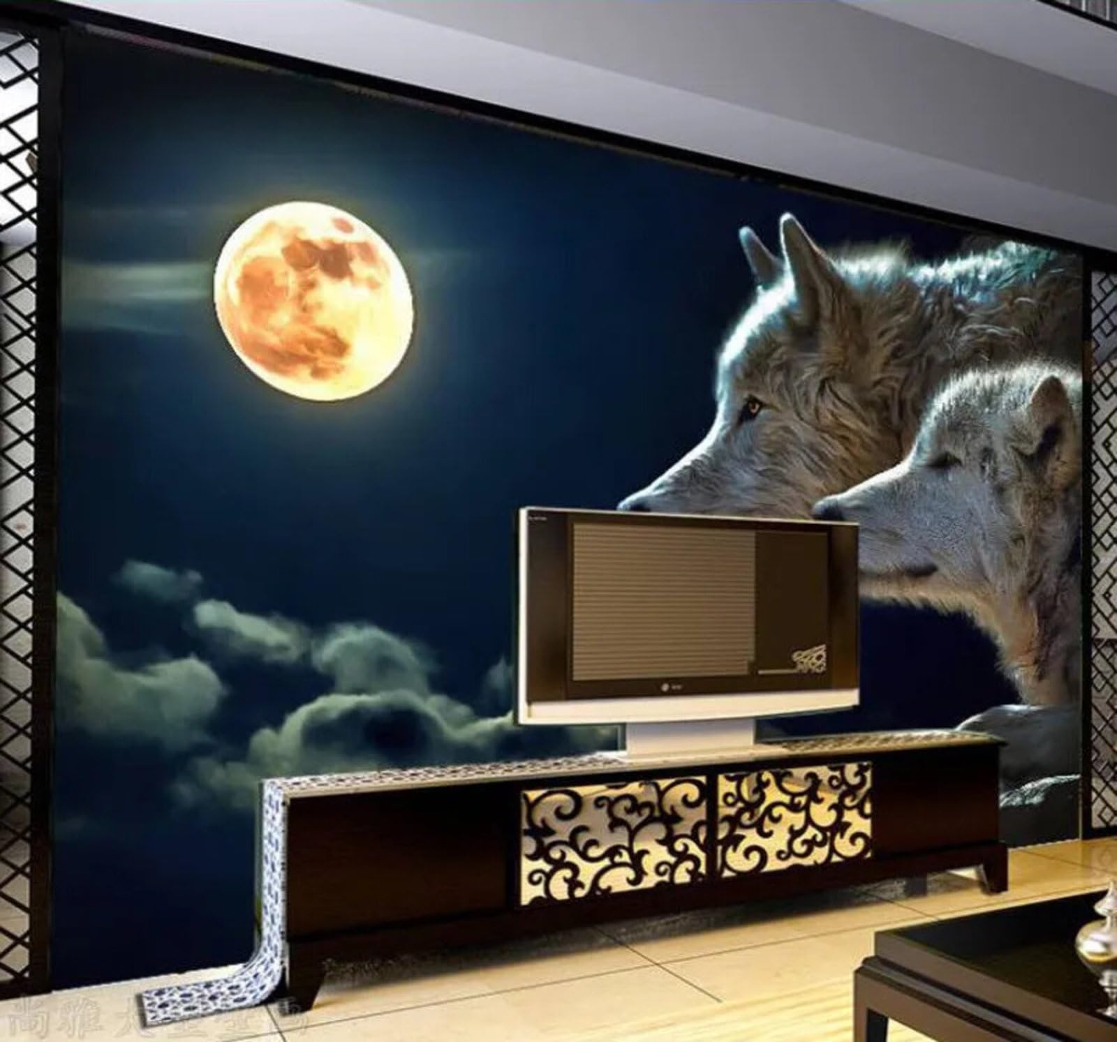 Wallpaper-3D-Xlm 350Cm×256Cm(B×H) Three Dimensional Animal Wolf Moon Night Scene 3D Wallpaper Easy Install Feature Office Living Room Sofa Bedroom Tv Background Wall Decoration-350Cm×256Cm