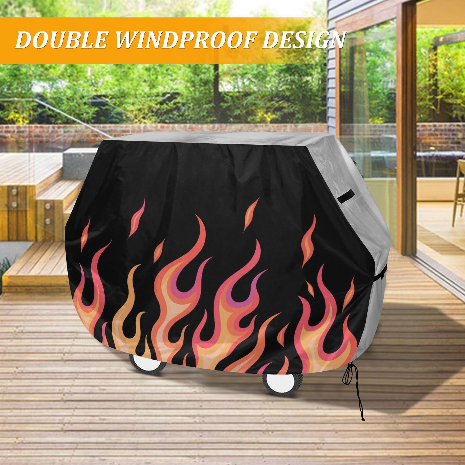 Flowing Fire Orange Giraffe pokrowiec na grilla na patio 150 cm, wodoodporny, wytrzymały, odporny na blaknięcie i promieniowanie UV, pokrowce na wędzarnie z regulowanym sznurkiem na kurz i wiatr