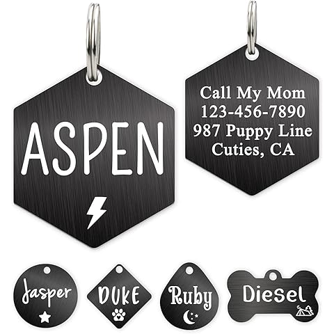 Ultra Joys Custom Personalized Dog ID Tag - Brushed Stainless Steel Hexagon Black Large