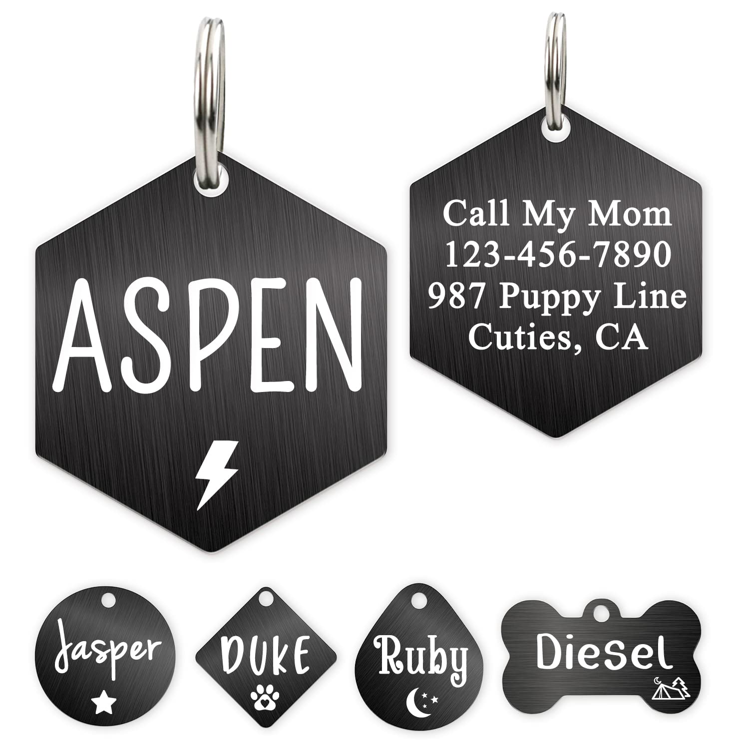 Ultra Joys Personalized Custom Dog ID Tag - Brushed Stainless Steel Hexagon, Black, Small