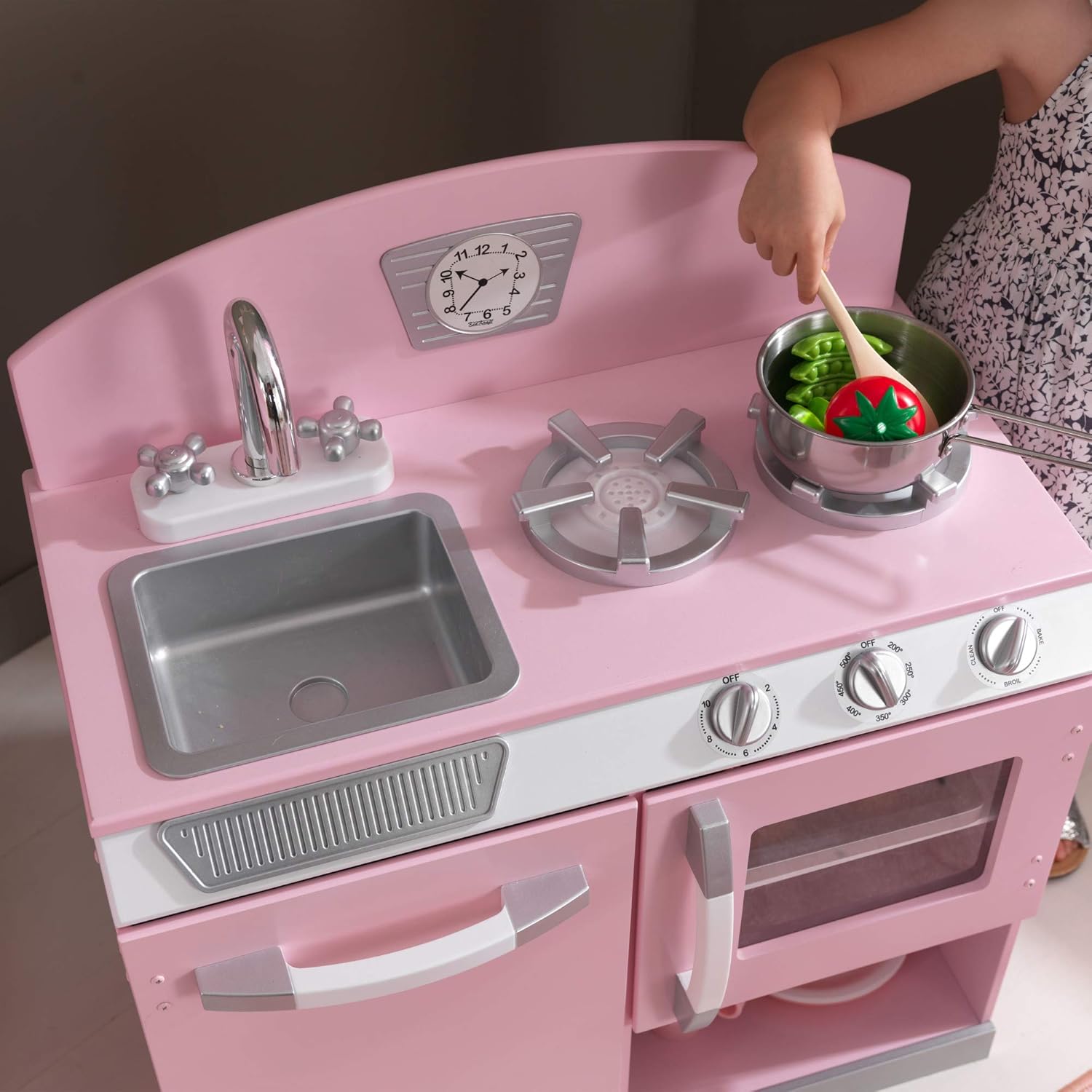 KidKraft Retro Wooden Play Kitchen and Refrigerator 2-Piece Set with Faucet, Sink, Burners and Working Knobs, Pink ,Gift for Ages 3+: Toys & Games