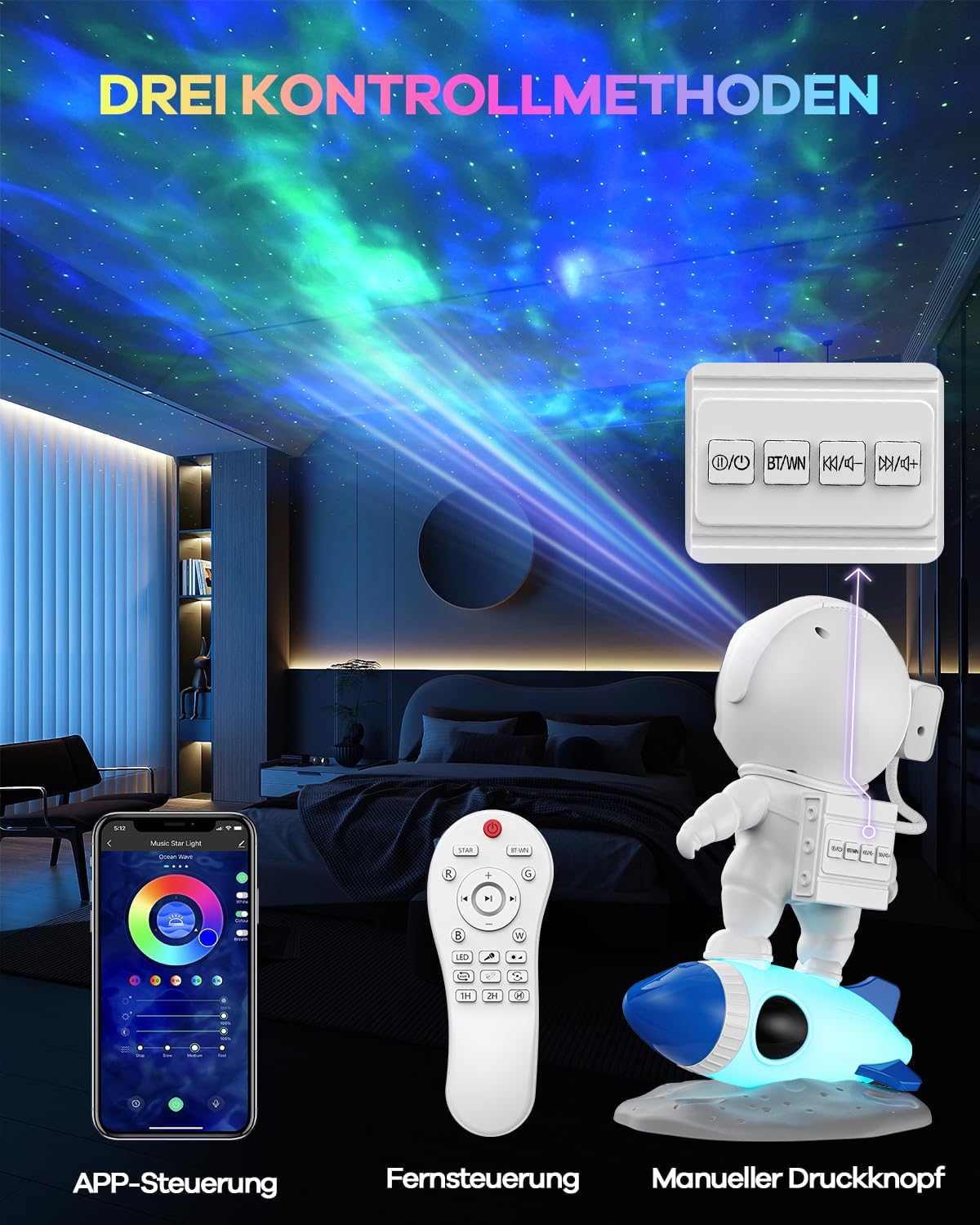 The Three Musketeers Astronaut LED Sternenhimmel Projektor Galaxy Nachtlicht mit Timer,Fernbedienung,Bluetooth Lautsprecher,Schlafzimmer Deckenprojektion Lampe,Geschenk