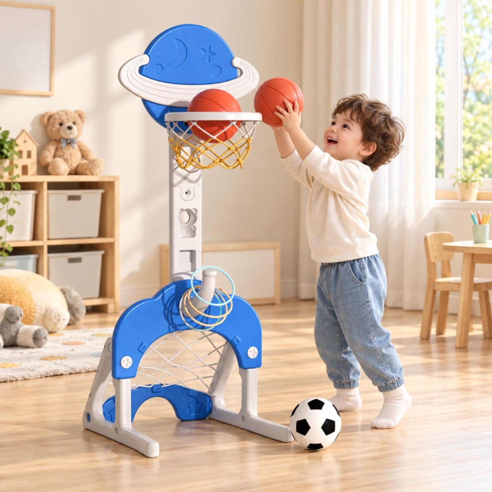 Basket Portatile per Bambini con Base Larga Rinforzata Tabellone Fantasia Spaziale Standard per Canestri Adatto Gioco Quotidiano Interno