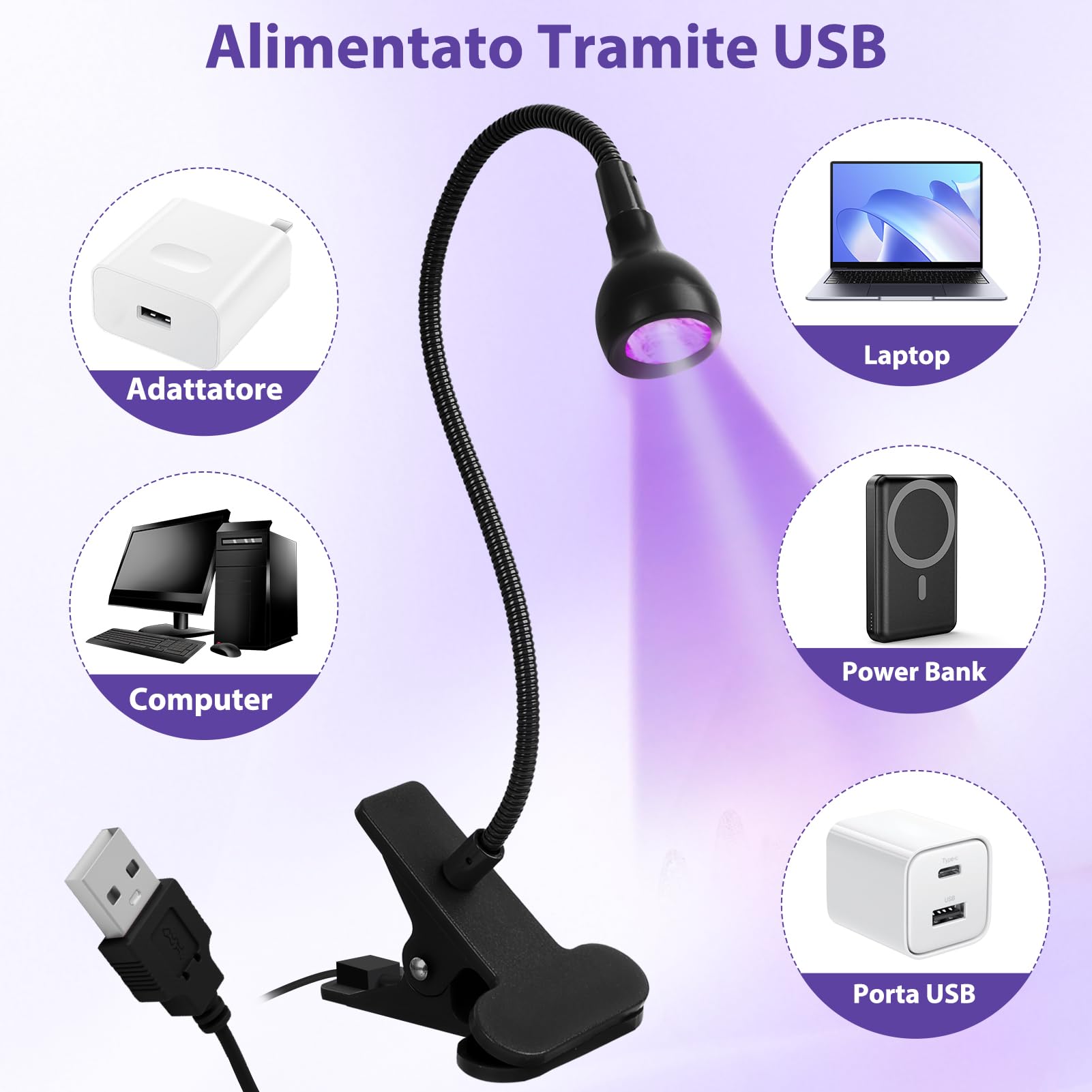 Lampada UV LED Unghie, 5W Mini Lampada Unghie, Portatile Lampada UV con Clip, 360° Testa Regolabile, Regolabile per Gel, Resina e Colla UV, con USB (Nero)