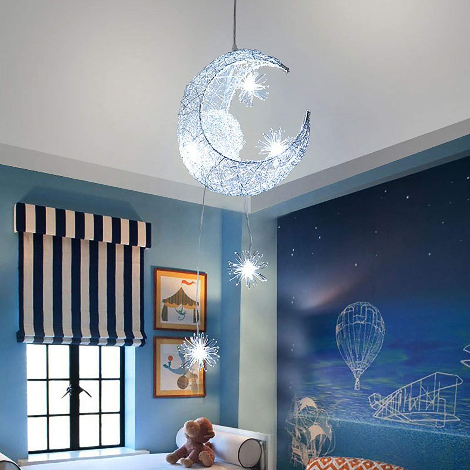 LED Pendant Light, Modern Moon Star Shape LED Pendant Lamp Chandelier Ceiling Light Creative LED Lamp Fixture for Kids Child Bedroom Living Room Home Decoration, Cool White