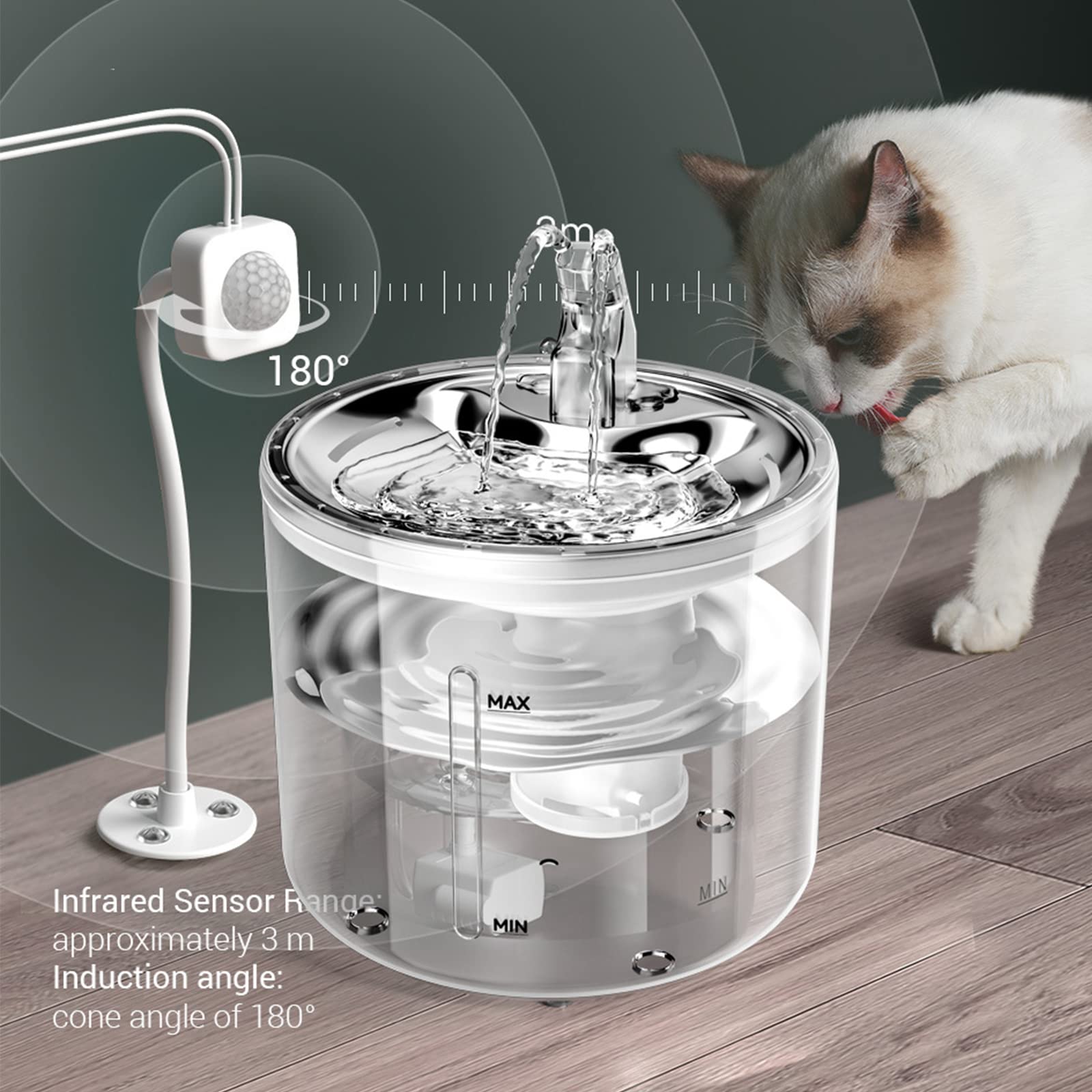 Fuente para Gatos de Acero Inoxidable, Fuente de Agua para Perros, Mascotas, dispensador de Agua supersilencioso con Cuatro Sistemas de filtrado/Ventana de visión/Puerto USB