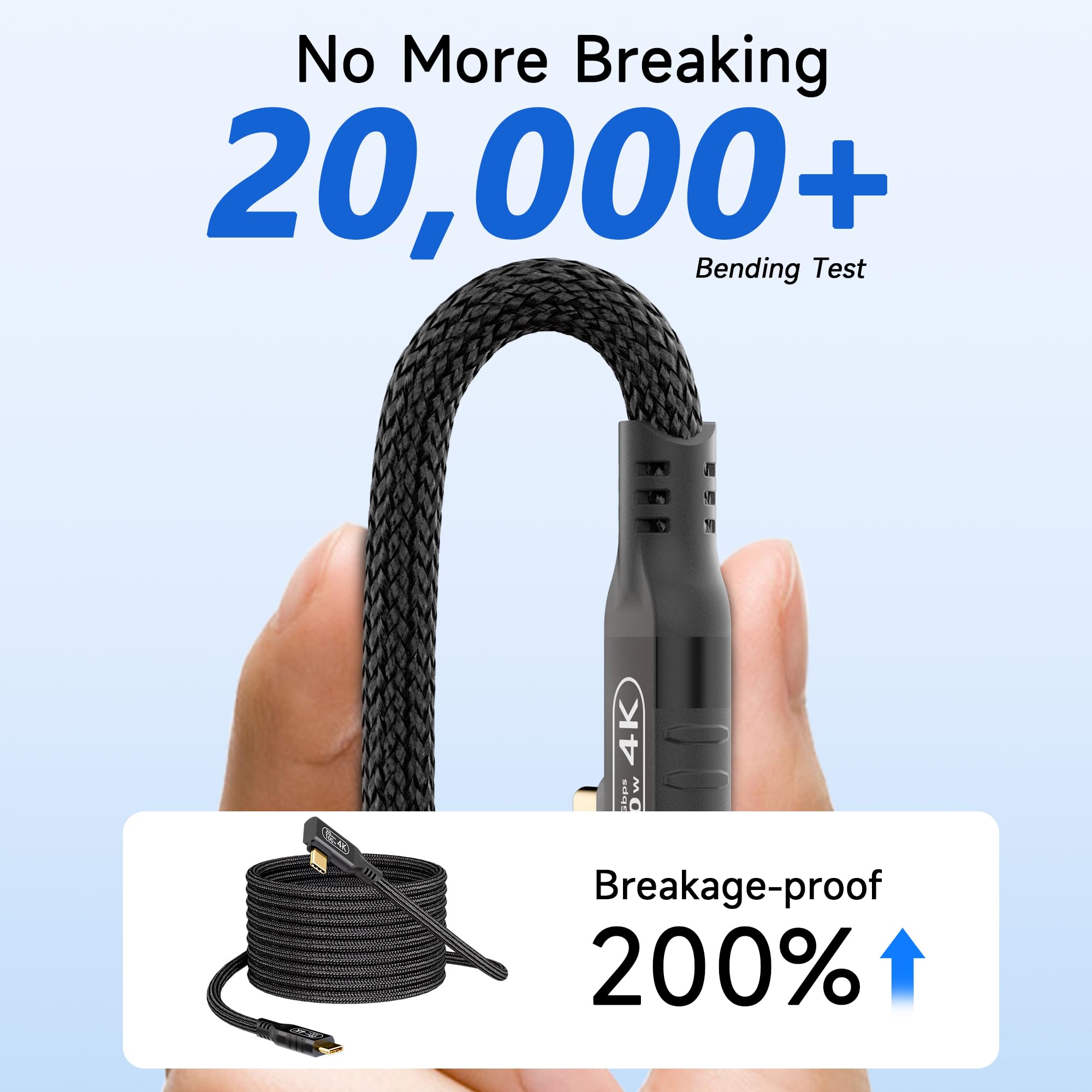 Cable USB C a USB C de 90 grados de 16.5 pies, transferencia de datos de alta velocidad de 20 Gbps, cable de carga largo USB C en ángulo recto, cable de monitor USB-C USB-C, video 4K 60Hz