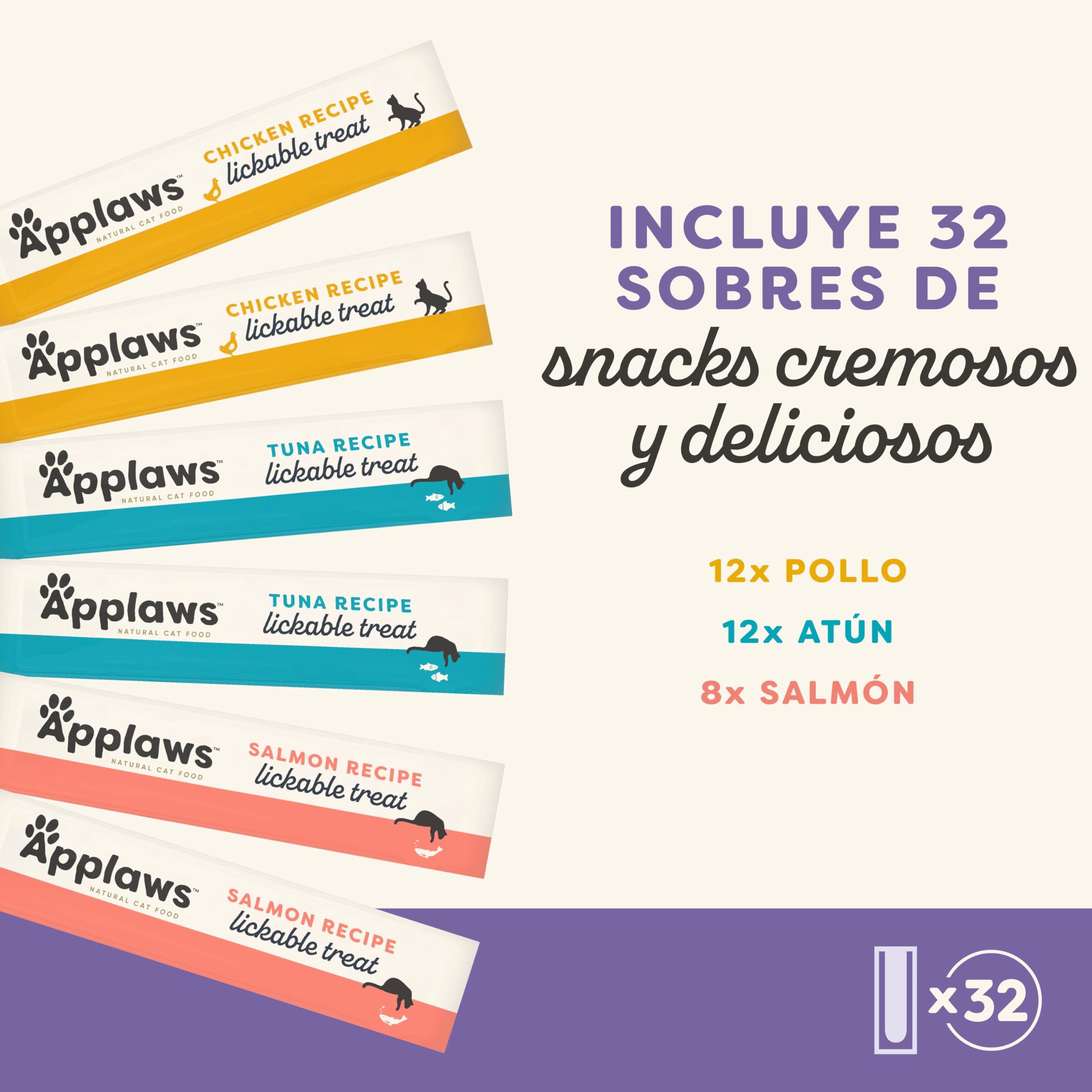 Applaws 100 % Natural cremoso lickable sin Cereales Snack para Gatos y Gatitos, Pack Variedad, 32 × 15 g Sobres