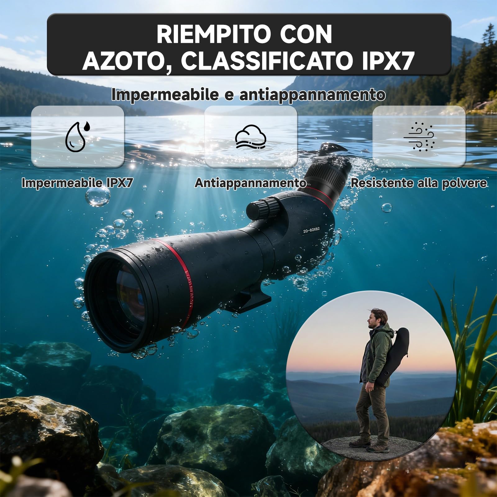 Cannocchiale da Punta HD 20-60x82 BAK4 FMC Impermeabile IPX7 con Treppiede, Adattatore Smartphone per Caccia Birdwatching Tiro