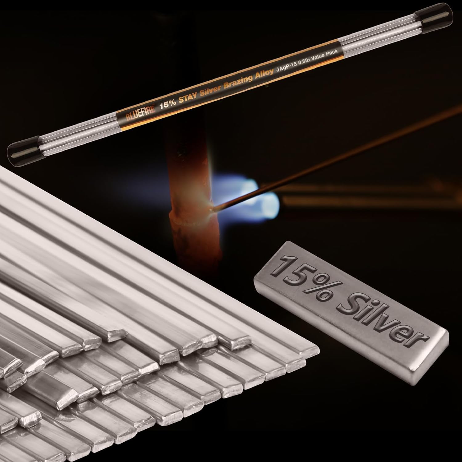 1 lb Value Pack BLUEFIRE JAgP-15 15% Silver Phos Copper Brazing Alloys Welding Rods Industry BCuP-5 0.050" x 1/8" x 19.25" equivalent to HARRIS STAY SILV 15 Professional Gas Soldering Torch Accessory