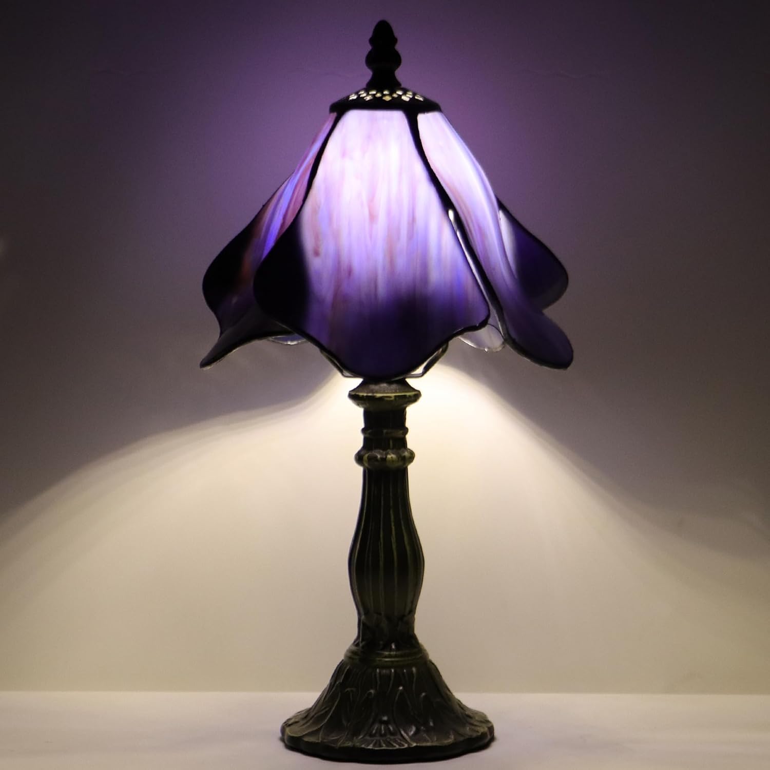 Small Tiffany Lamp Mini Stained Glass Table Lamp Bedside Accent Lamp Memory Sympathy 8X14.5 Inch (Purple)