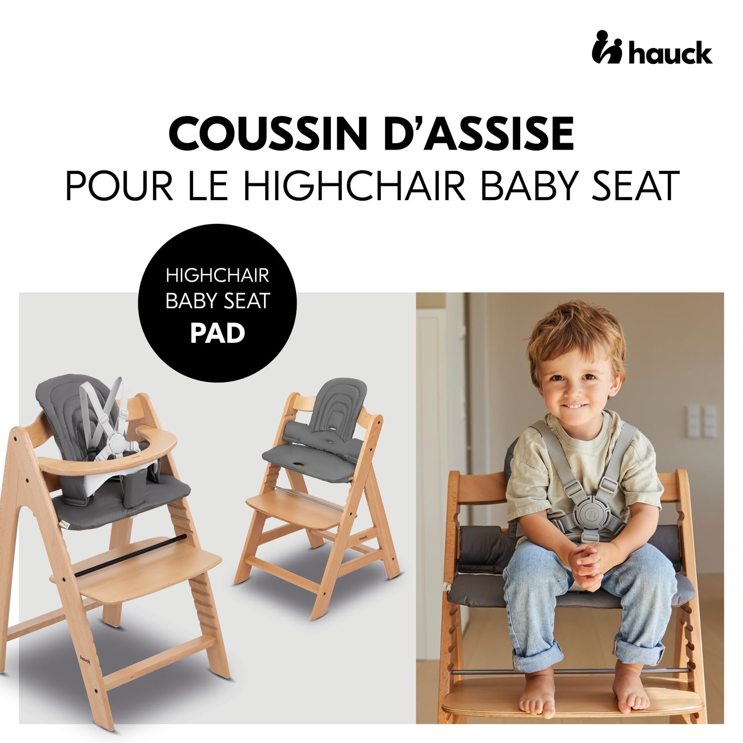 hauck Coussin de Chaise Haute Bébé 3 Pièces, Gris Foncé - Compatibile avec Reducteur Alpha+, Beta+ et Arketa (Non Inclus), Testé OEKO-TEX® STANDARD 100, Rembourré, Moelleux, Lavable, Robuste