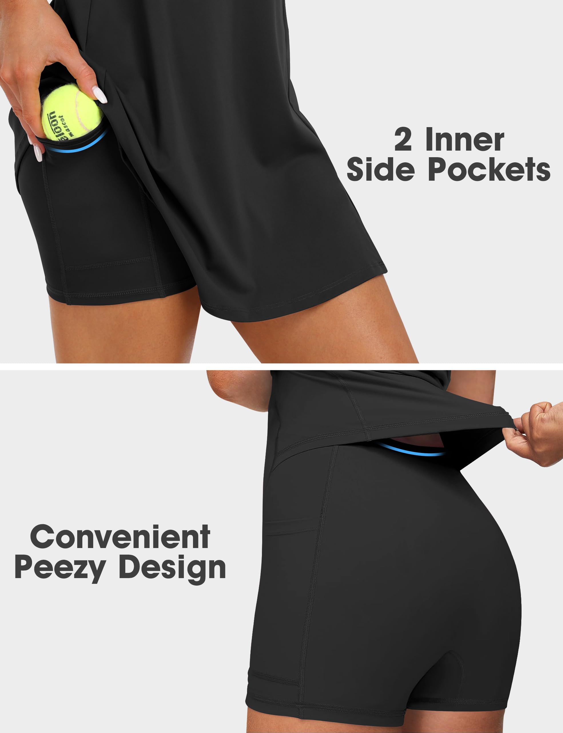 Vestito da tennis da donna, 2 in 1, da golf, con tasche integrate per reggiseno e pantaloncini, abito sportivo con cinturino regolabile, E-nero-facile Peezy, Large
