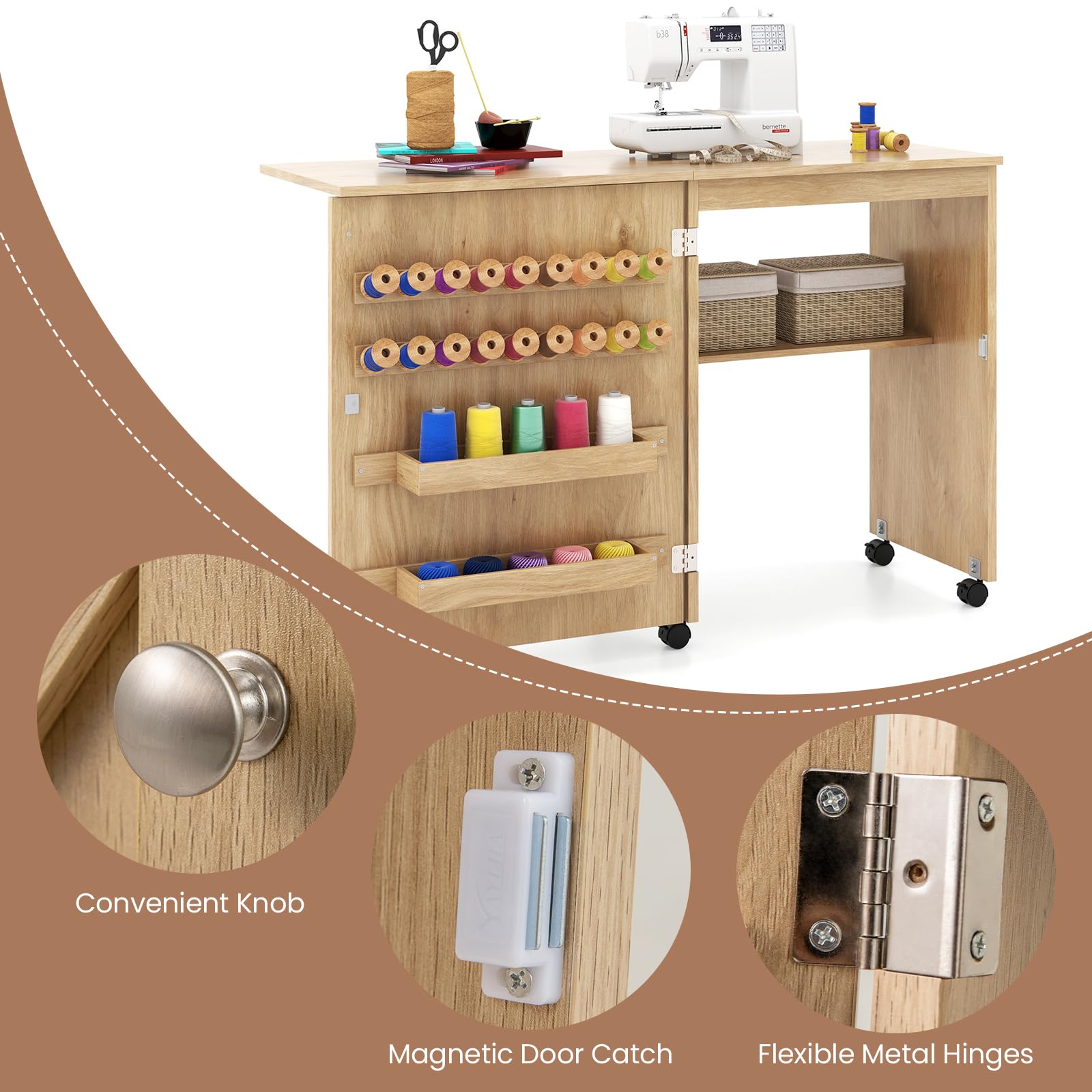 GIANTEX Table de Couture Pliante, Meuble Machine à Coudre Pliable avec 5 roulettes Verrouillables, 18 Crochets, 2 Plateaux, 1 Étagère, Bureau de Couture pour Salon, Studio (Naturel, 116 x 40 x 78 cm)