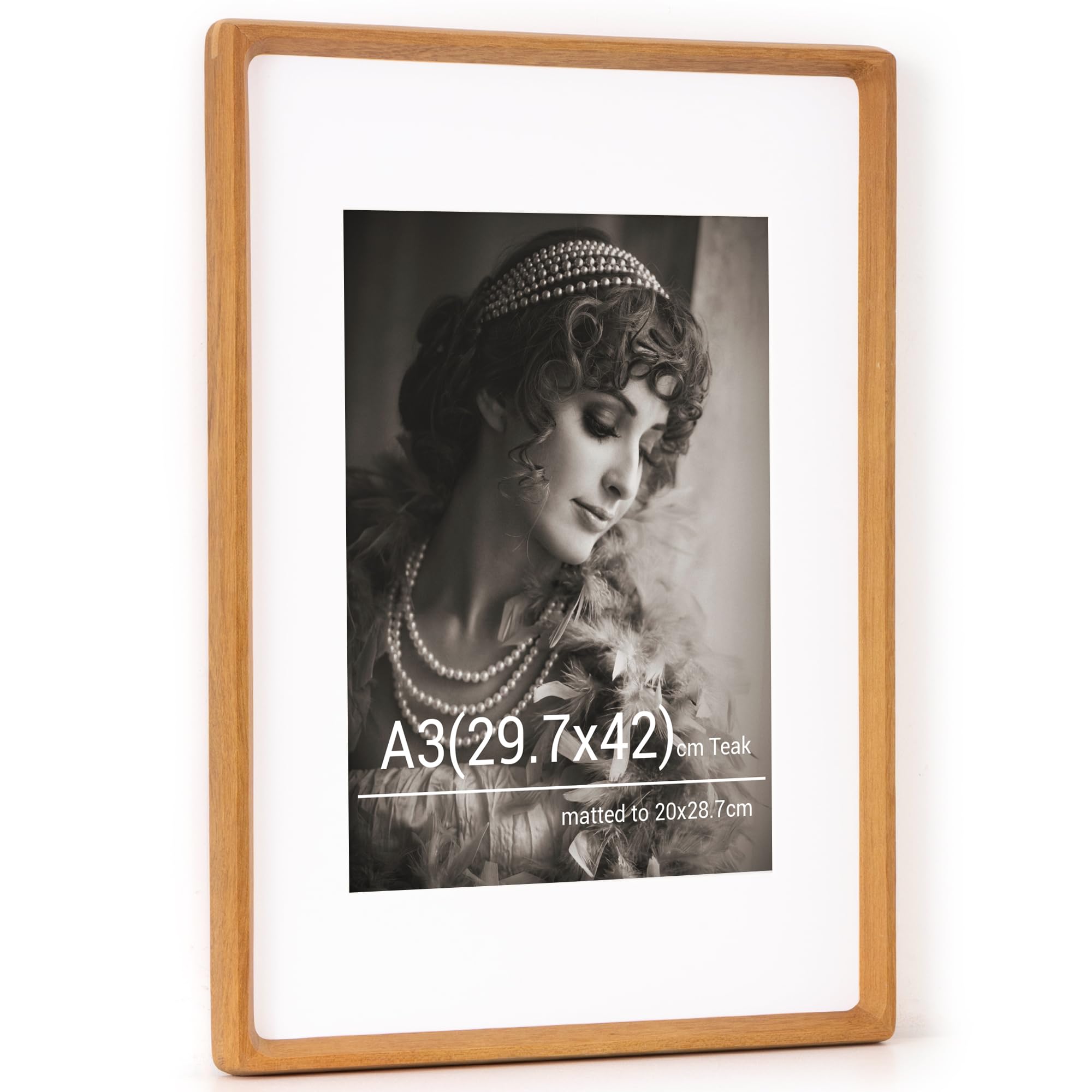 A3 Picture Frame, Natural Teak Wood Photo Frames with HD Tempered Glass, Handcrafted Rounded Corner A3 Wooden Frame Matted to A4 Photos, Tabletop or Wall Display