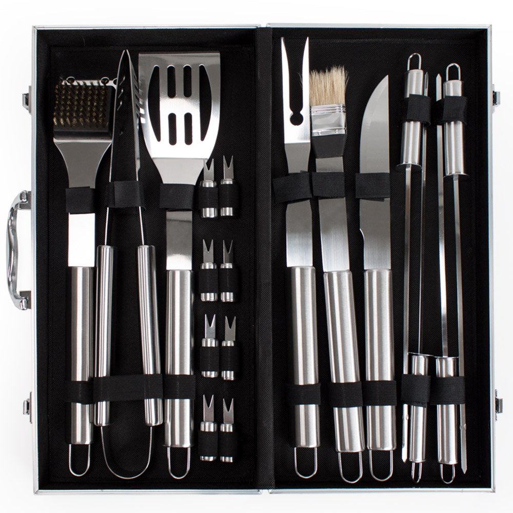 Set 18 Posate Da Barbecue In Acciaio Inox Con Valigetta In Alluminio - Pinze, Forchetta, Spazzola, Spiedini - 3