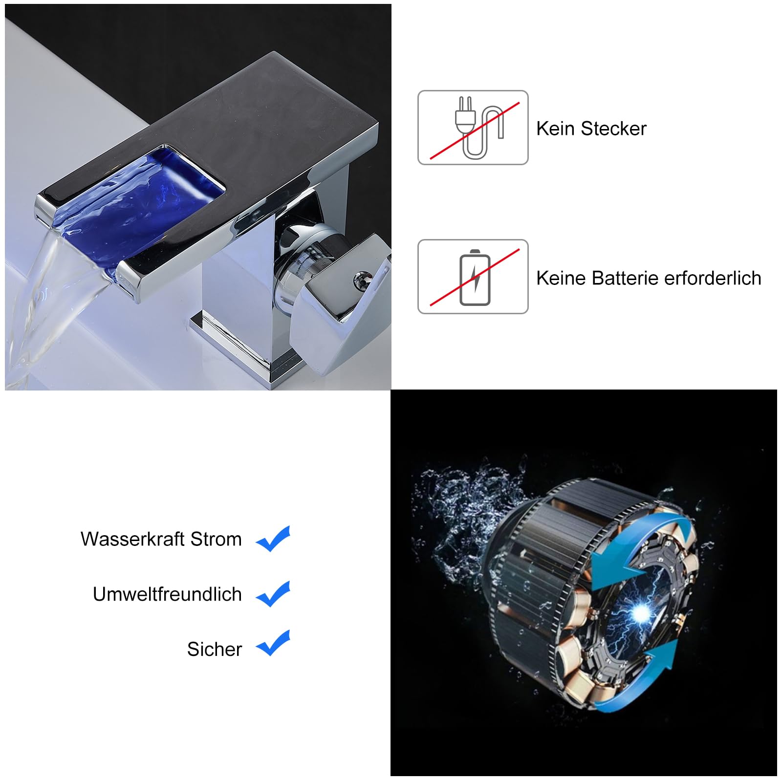 Bateria mieszakowa z 3 diodami LED, bateria jednouchwytowa, bateria łazienkowa, bateria umywalkowa, wodospad, armatura łazienkowa, zimna i ciepła woda, chromowana