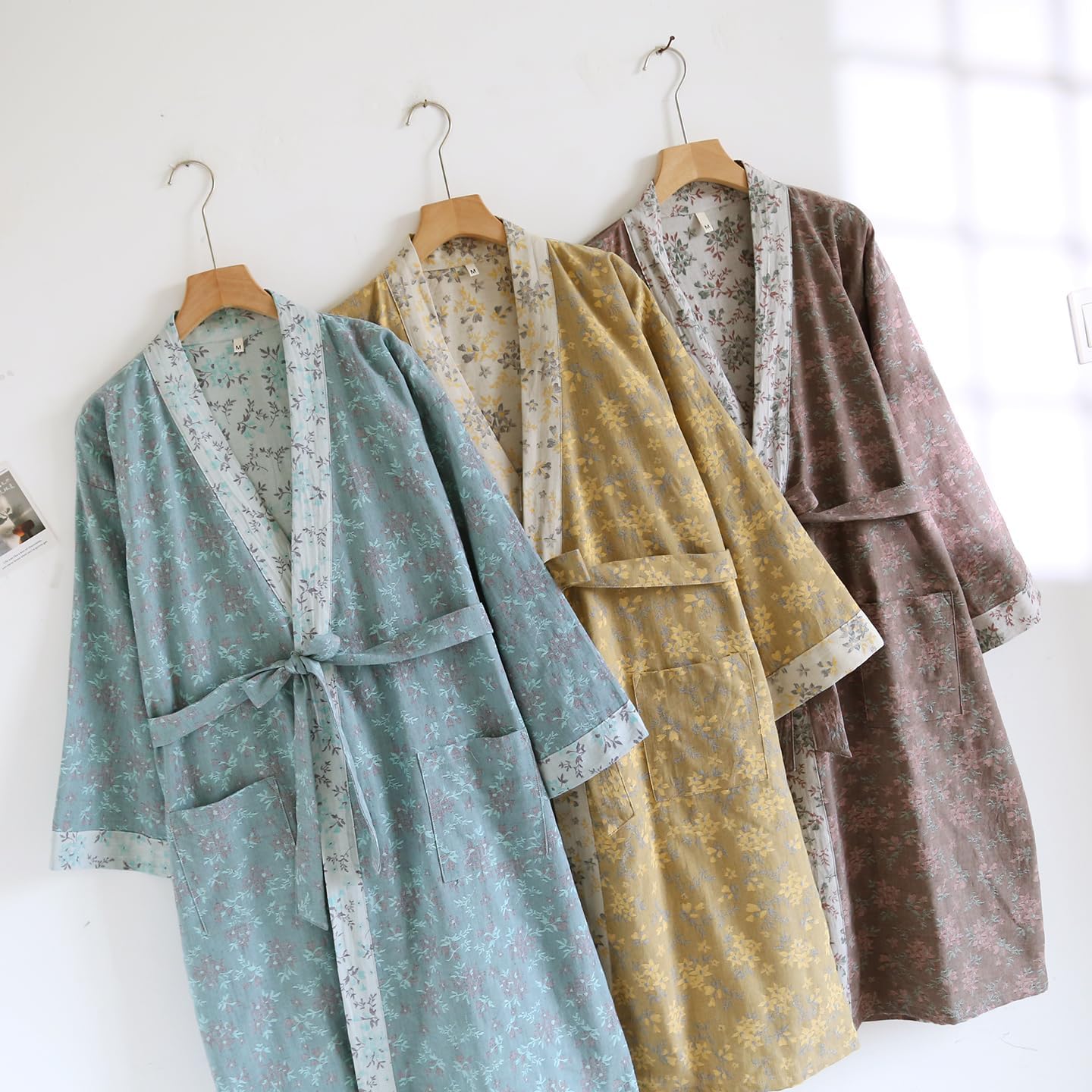 PRINCESS BRIDE Yarn-dyed Cotton Jacquard Elegant Kimono Robe Traditional Loose Yukata Bathrobe Mid-Length Loungewear for Women 165/88A/L(Yellow) - Image 4