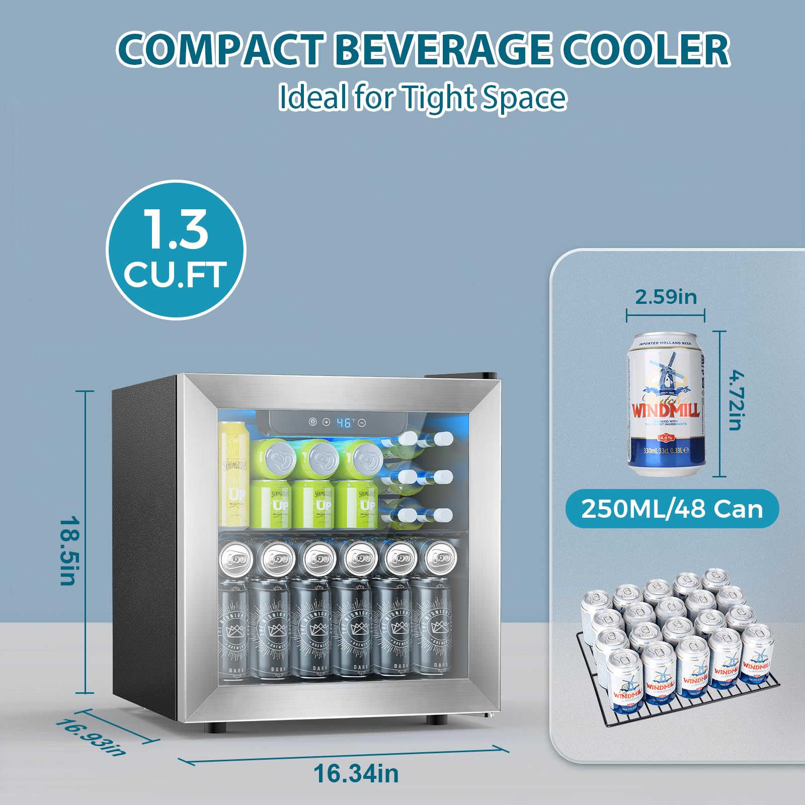Electactic 48 Can Beverage Refrigerator,12 Bottle Wine Cooler With Stainless Steel Glass Door, Digital Temperature Display, Countertop Mini Fridge For Soda, Wine Or Beer, Silver on Fridge.com - View 2